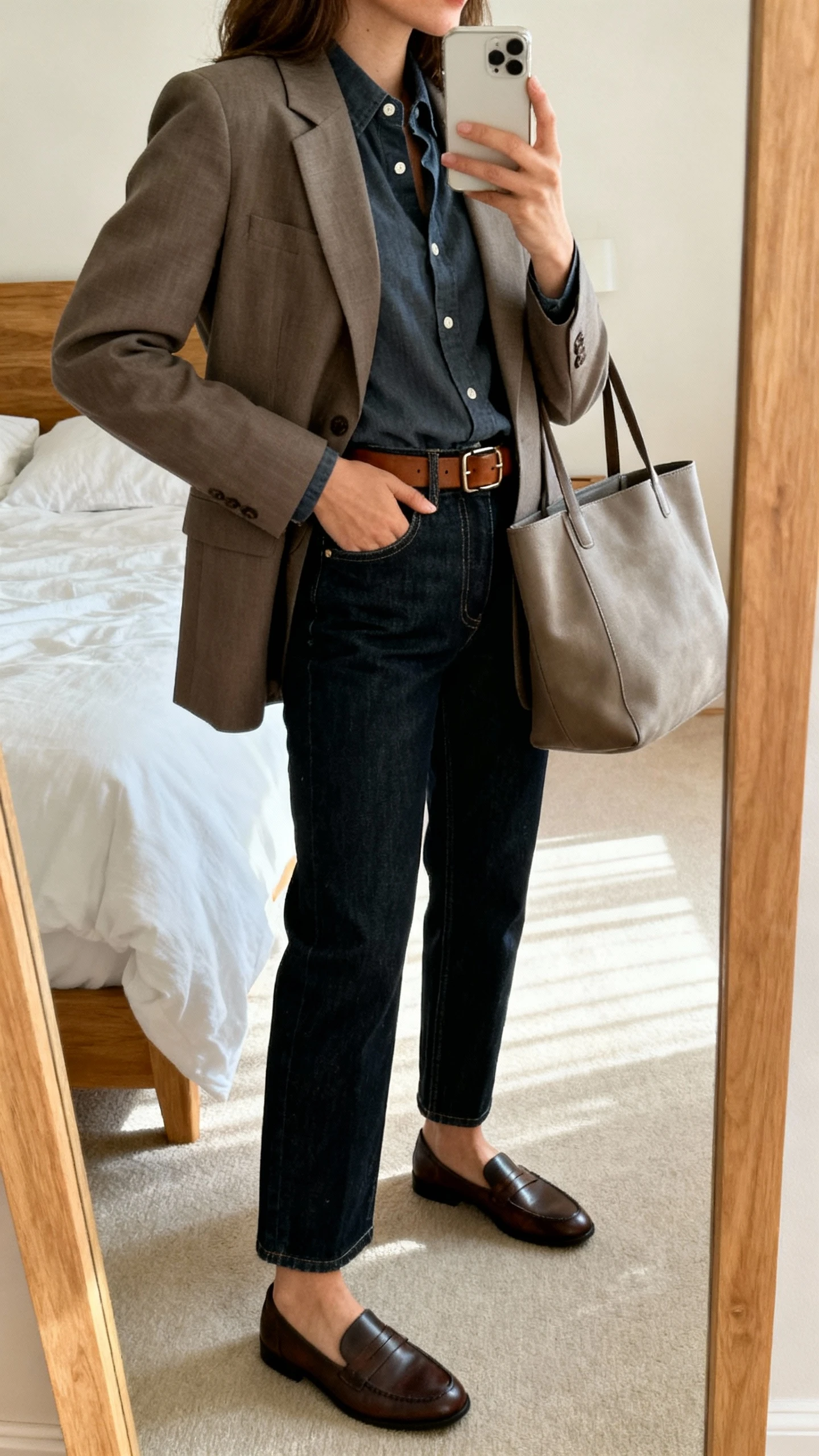 Casual iPhone mirror selfie of a woman wearing smart dark-wash straight-leg denim with a tucked-in button-up shirt, lightweight blazer, loafers, leather belt, simple tote, face not visible, side angle, bedroom mirror with natural morning light, iPhone photo quality.