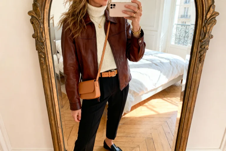 Parisian Style Secrets for Fall Outfits Brown Leather Jacket You’ll Wear on Repeat