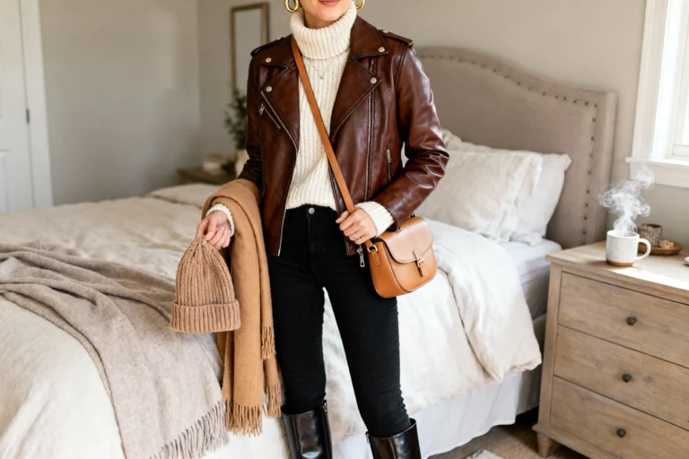 Ways to Transition a Brown Leather Jacket Fall Outfit Into Winter Without Freezing