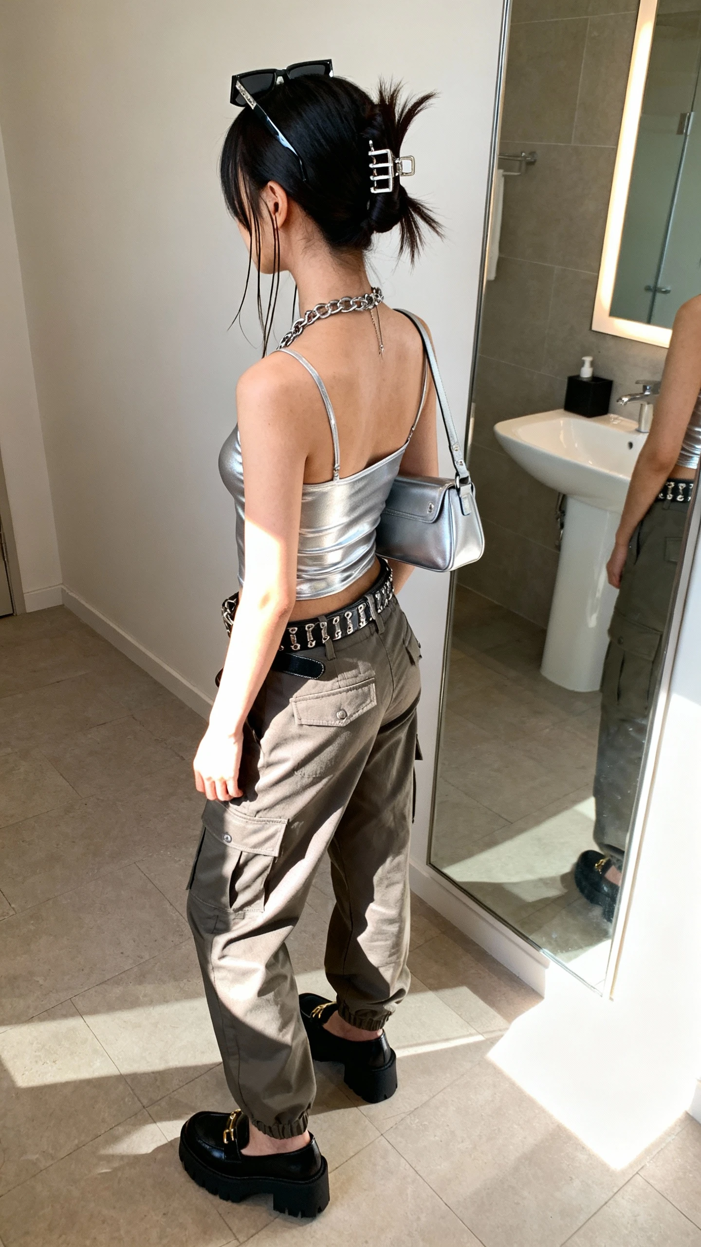 iPhone back/side view of a woman in a Cyber Cool-Girl look: sleek half-up hair with face-framing tendrils and mini claw clips, metallic silver cami, low-rise cargo pants, chunky belt, rectangle sunglasses pushed up on head, mini shoulder bag, platform loafers, layered chain necklace, face not visible, bathroom full-length mirror, indoor morning light, iPhone photo quality