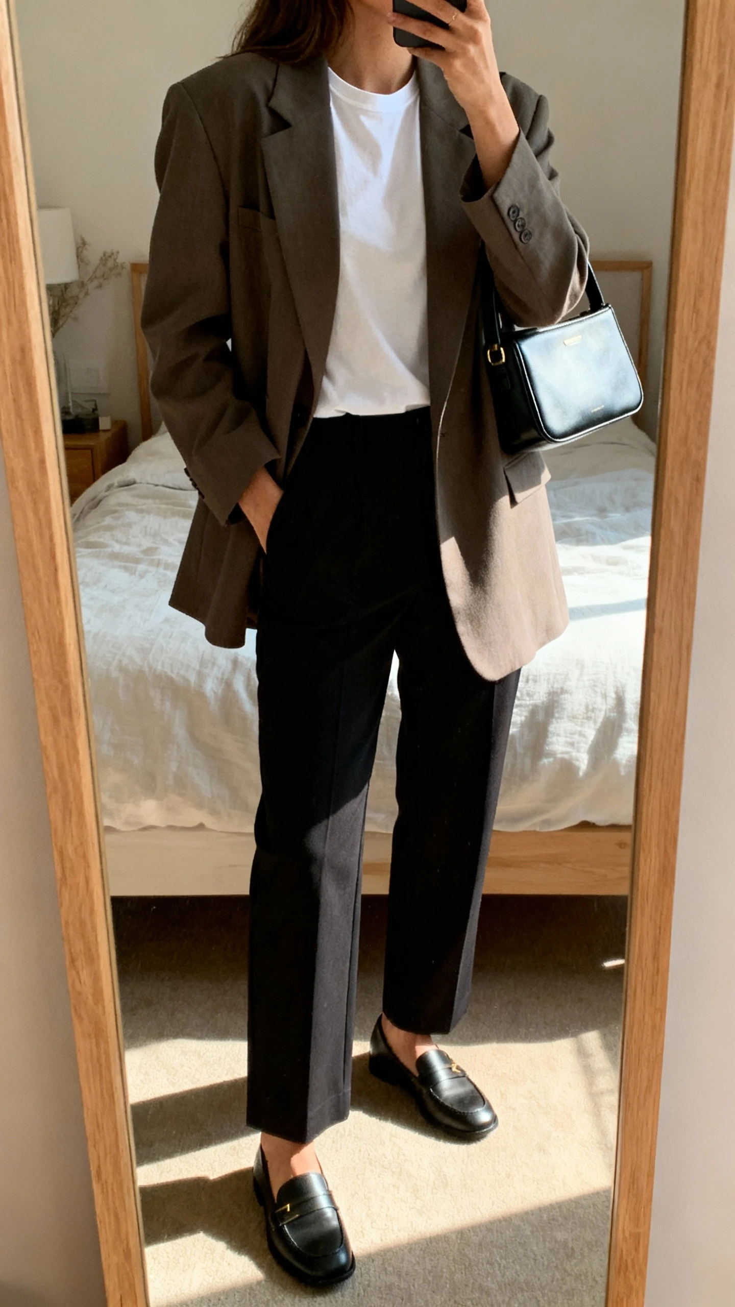 iPhone back-view mirror selfie of a woman in an oversized blazer layered over a crisp white tee, straight black trousers, loafers, and a cool-girl structured shoulder bag, face not visible, bedroom mirror, afternoon indoor light, iPhone photo quality.