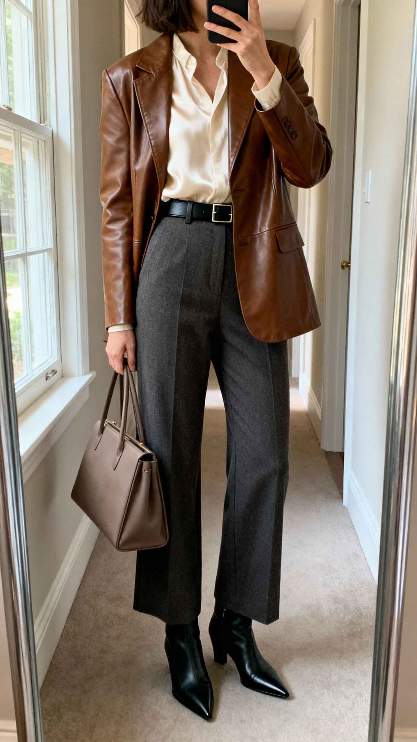 iPhone back view mirror selfie of a woman wearing a brown leather blazer-style jacket over a cream silk blouse, charcoal tailored wide-leg trousers, pointed black ankle boots, a slim black belt, and a structured taupe tote; face not visible, back view, full-length mirror in hallway, natural window light, iPhone photo quality.