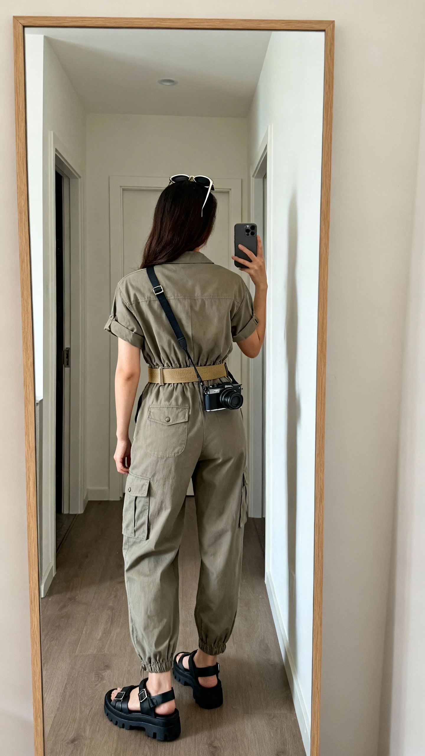 iPhone back-view mirror selfie of a woman wearing a utility-chic jumpsuit with short sleeves, cinched waist, and cargo pockets, paired with a canvas belt, aviator-style sunglasses on head, crossbody camera bag, and chunky sandals; face not visible, hallway full-length mirror, natural daylight, iPhone photo quality.