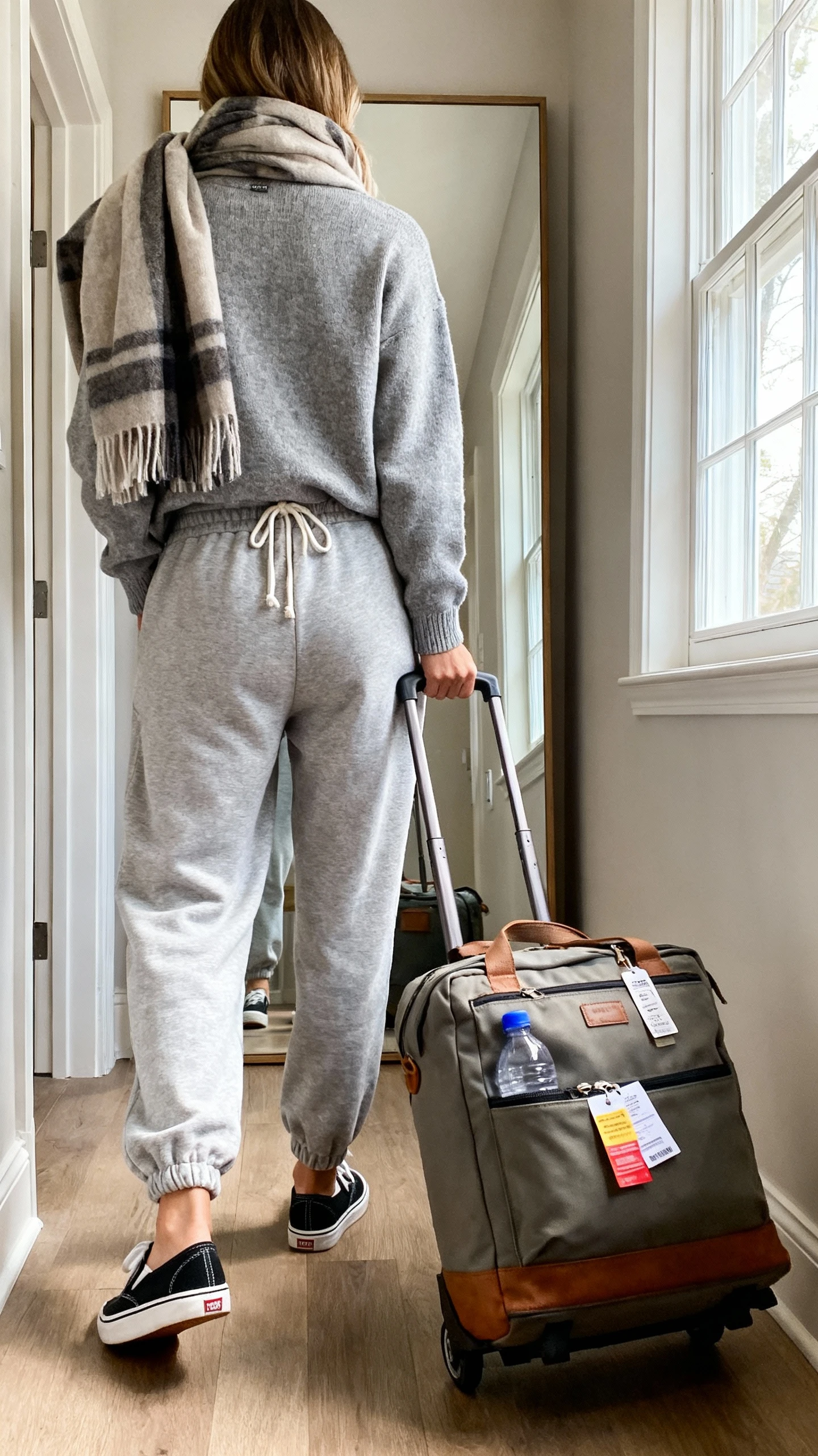 iPhone back view of a woman in a cozy gray crewneck sweater, relaxed drawstring joggers, slip-on sneakers, oversized scarf looped around shoulders, rolling a weekender bag/roomy carryall with travel tags and a water bottle in the side pocket; face not visible, hallway full-length mirror, daylight from window, iPhone photo quality.