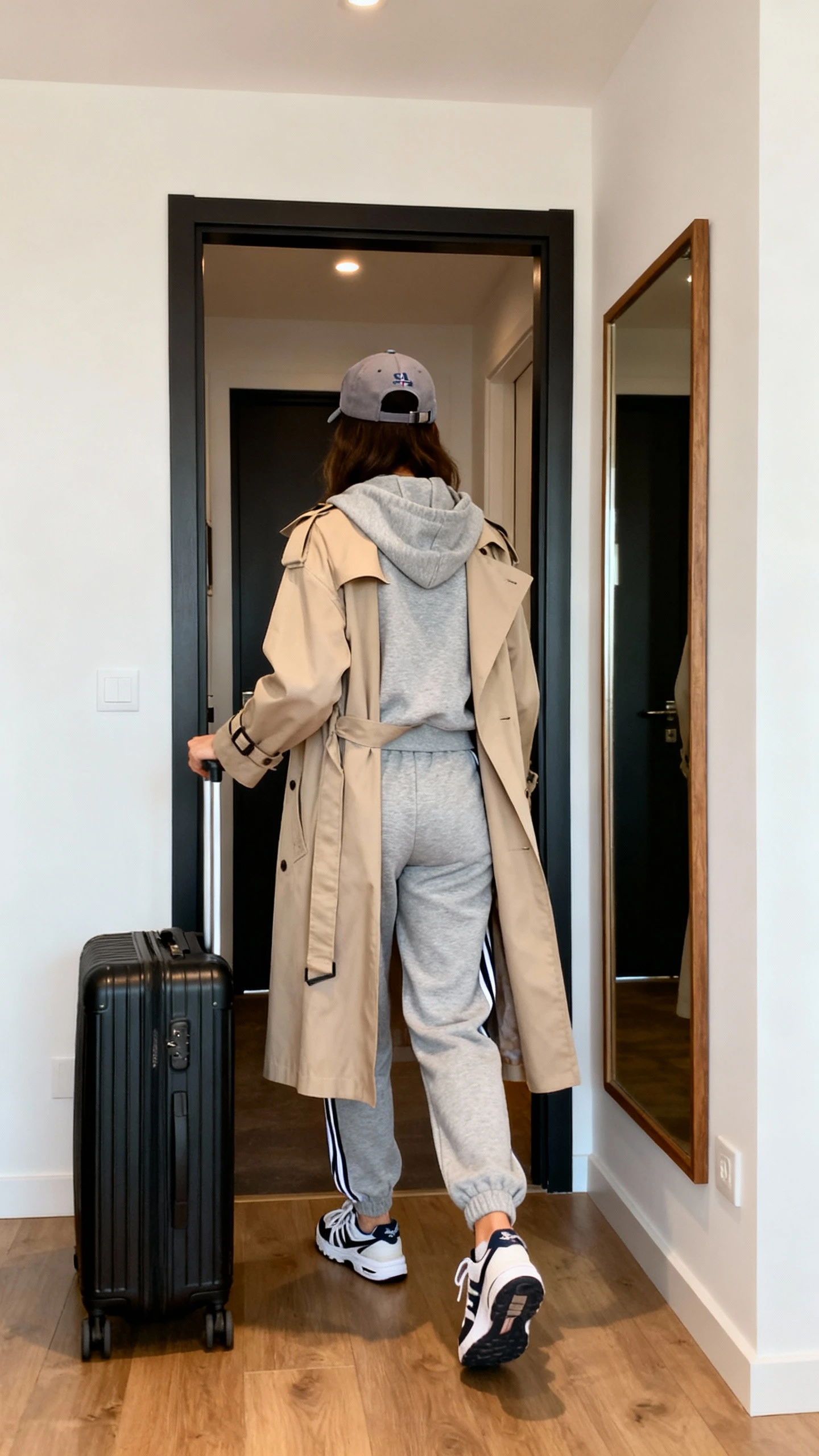 iPhone back view of a woman in a matching tracksuit set under a classic trench coat, with baseball cap and trainers, rolling a carry-on suitcase, face not visible, apartment entry mirror, bright indoor lighting, iPhone photo quality.