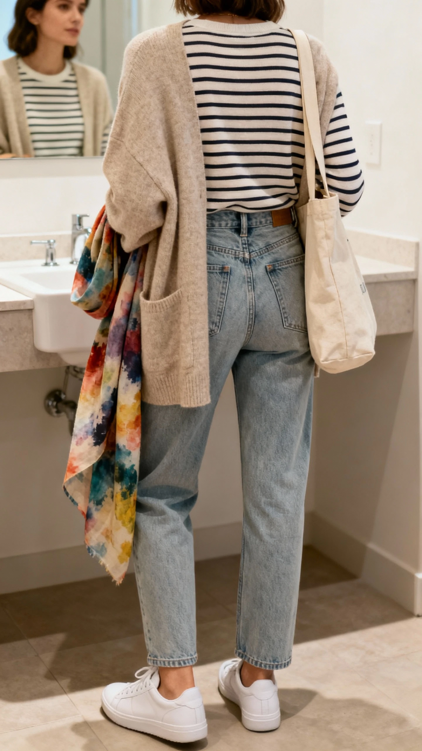 iPhone back view of a woman in a relaxed oatmeal cardigan over a striped long-sleeve tee, high-waist straight-leg light-wash jeans, white sneakers, crossbody canvas tote, and a painterly colorful scarf loosely draped, face not visible, bathroom mirror, soft indoor light, iPhone photo quality.