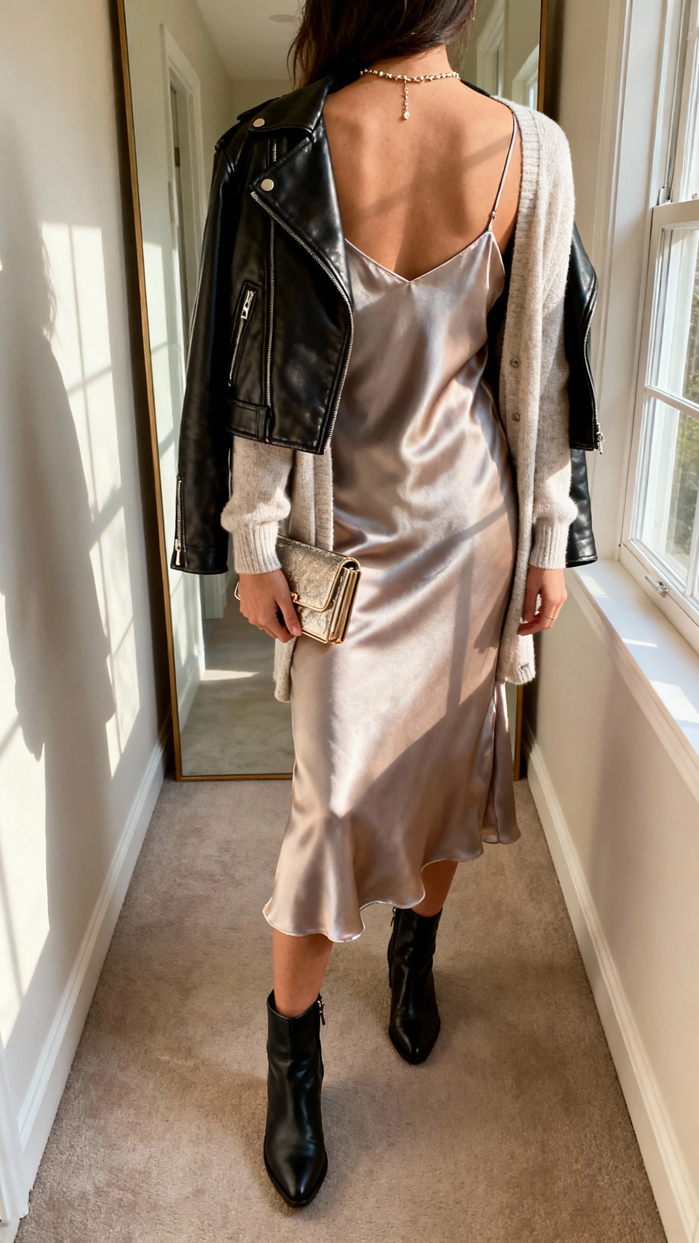 iPhone back view of a woman in a silk slip dress layered with a lightweight cardigan and a cropped leather jacket, ankle boots, delicate necklace, and a compact clutch; face not visible, hallway mirror, afternoon window light, iPhone photo quality.