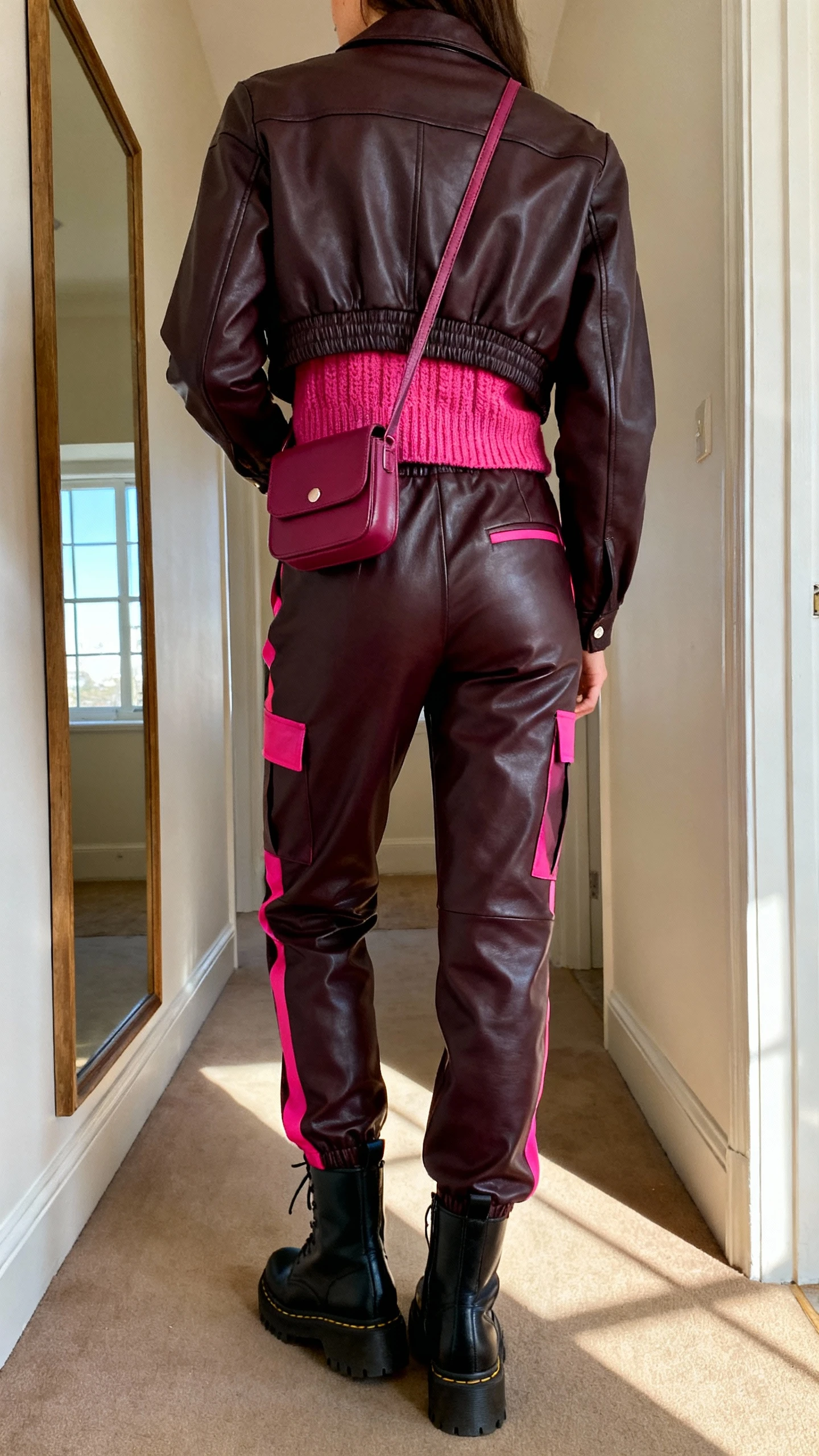 iPhone back view of a woman in dark chocolate leather jacket and matching leather pants with raspberry-pink accents (raspberry knit top and mini crossbody), black combat boots, face not visible, hallway mirror, natural daylight from window, casual iPhone photo quality.