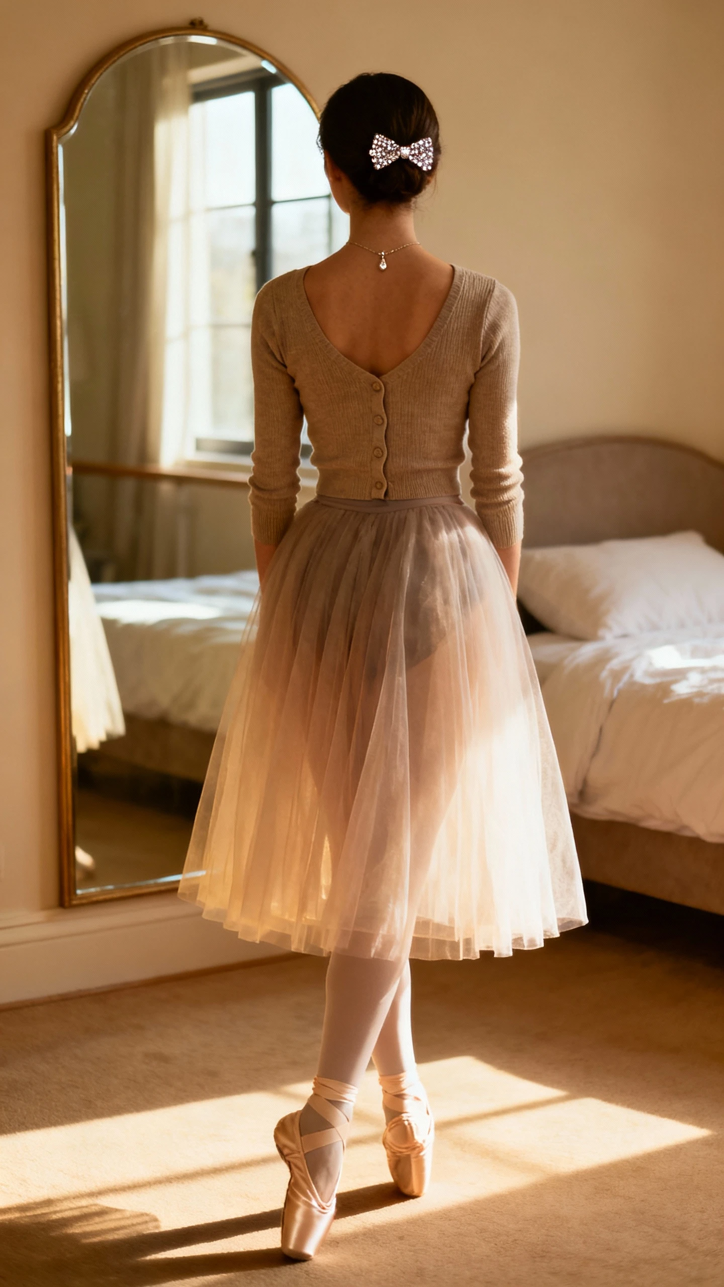 iPhone back view of a woman wearing a balletcore look: airy tulle midi skirt, fitted cardigan top, satin ballet flats, sparkly hair clip, and a delicate pendant, face not visible, bedroom mirror, soft window light, iPhone photo quality.