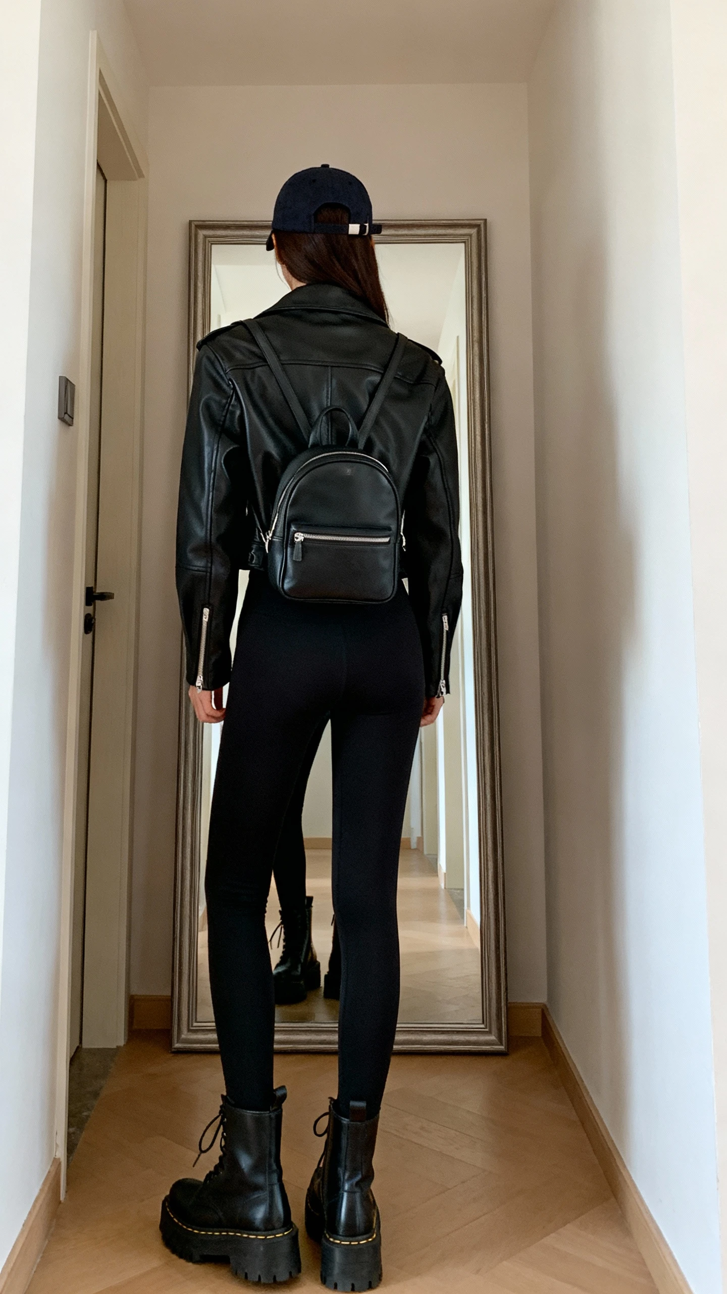 iPhone back view of a woman wearing a black biker jacket, sleek black leggings, chunky black combat boots, baseball cap tucked low, and mini backpack, face not visible, hallway full-length mirror, indoor morning light, iPhone photo quality.