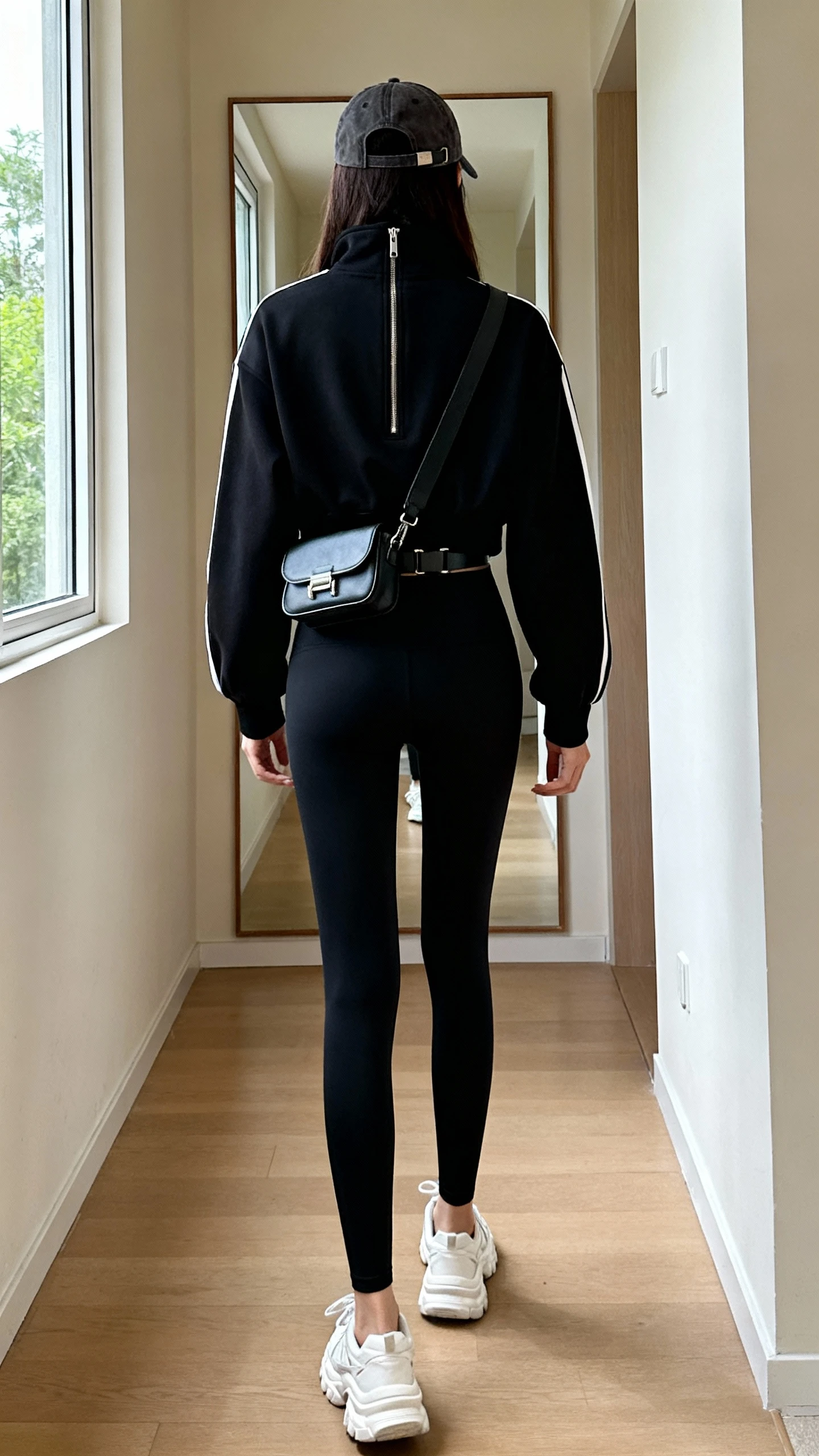 iPhone back view of a woman wearing a black zip-up track jacket, matte black leggings, white dad sneakers, a baseball cap, and a small belt bag worn crossbody, face not visible, hallway mirror, natural daylight from window, casual iPhone photo