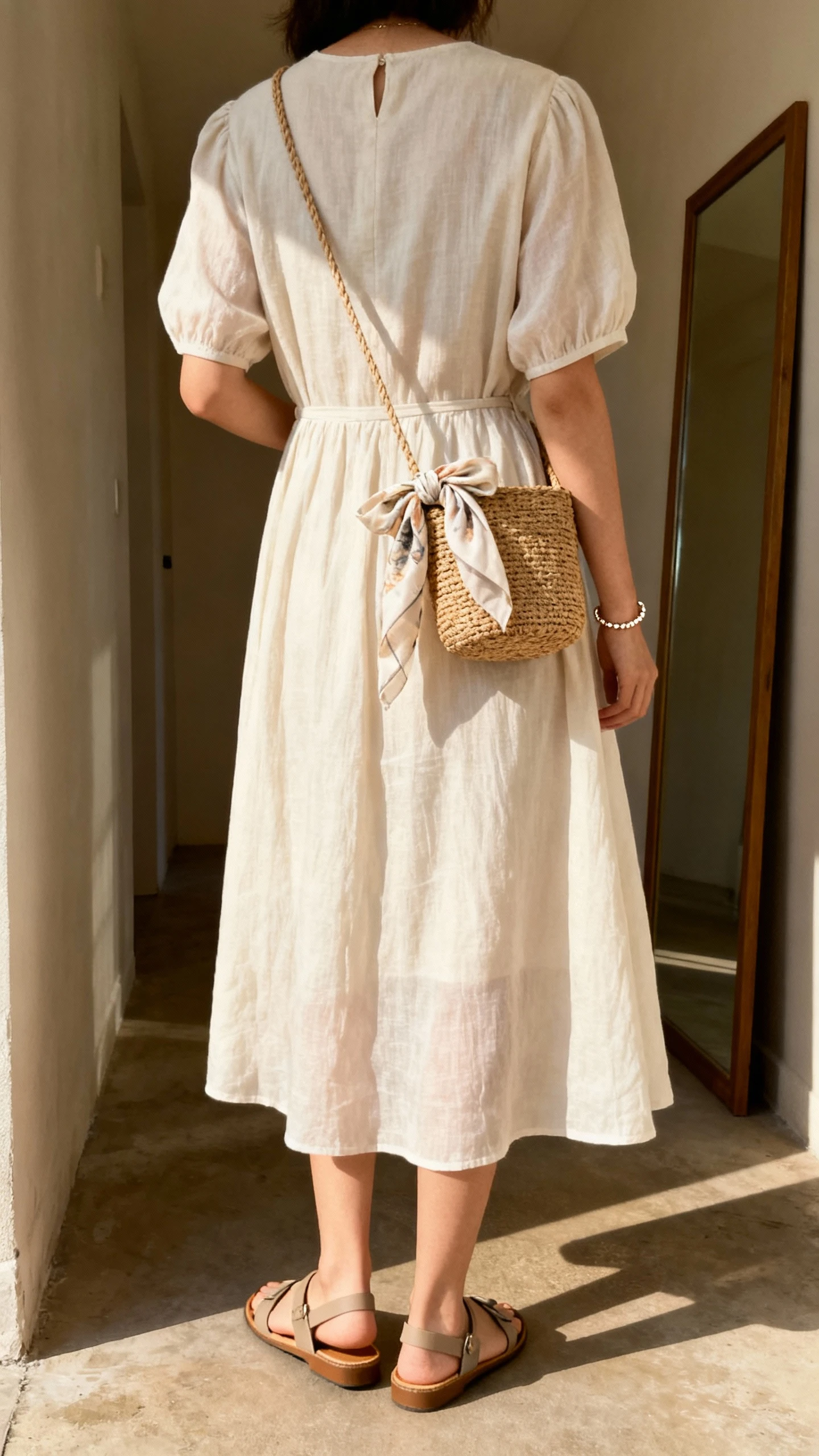 iPhone back view of a woman wearing a breezy midi dress and comfy flat sandals, small woven crossbody, lightweight scarf tied on bag, delicate bracelet, face not visible, hallway mirror, warm afternoon light, iPhone photo quality