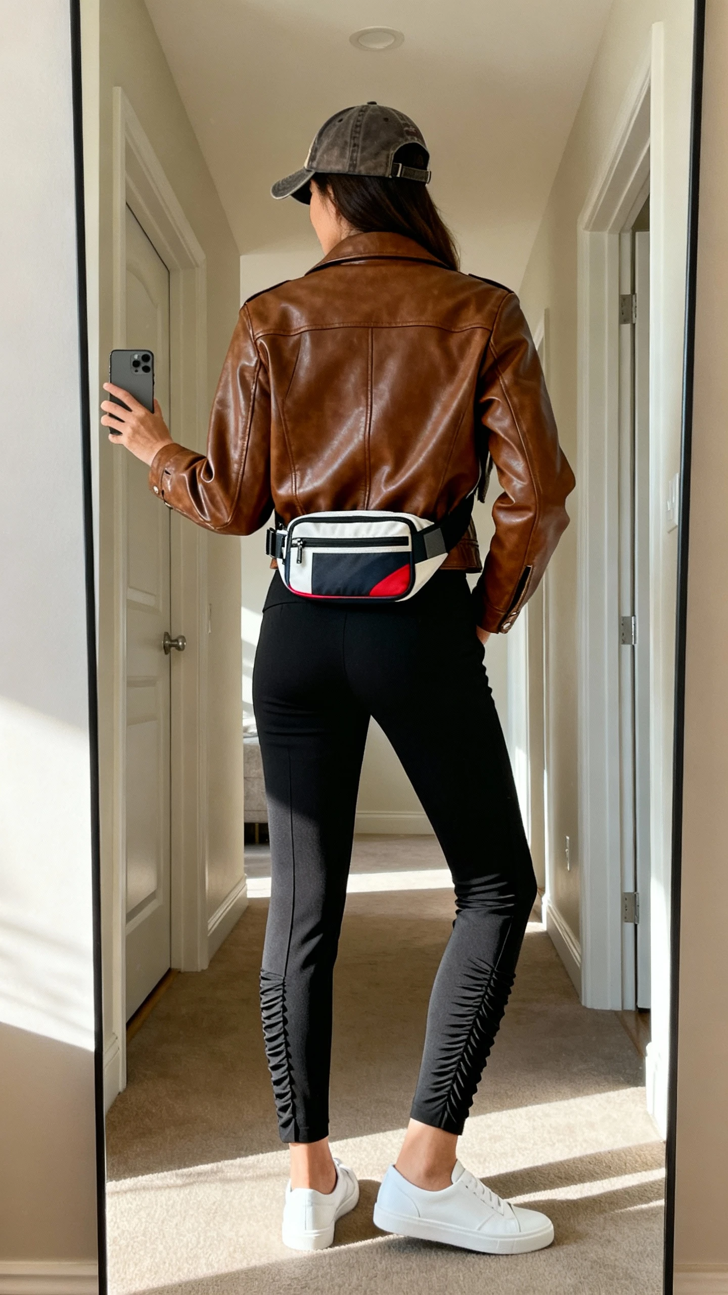 iPhone back view of a woman wearing a brown leather jacket, black tailored leggings with pintuck seams, white low-profile sneakers, a baseball cap, and a sporty crossbody belt bag; face not visible, hallway full-length mirror, morning light, casual iPhone photo.