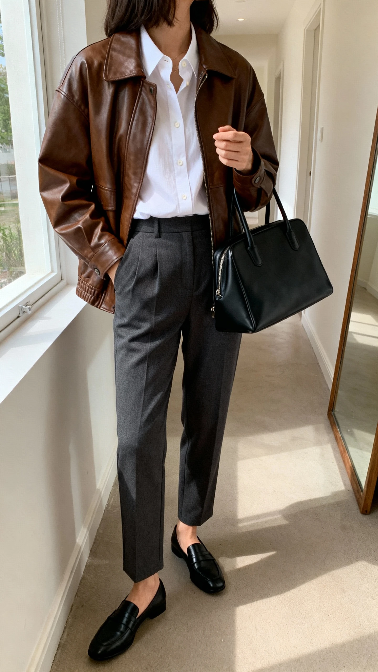 iPhone back view of a woman wearing a brown leather jacket over a crisp white button-up, charcoal tailored trousers, black loafers, and a structured black tote, face not visible, hallway mirror, natural daylight from window, iPhone photo quality.