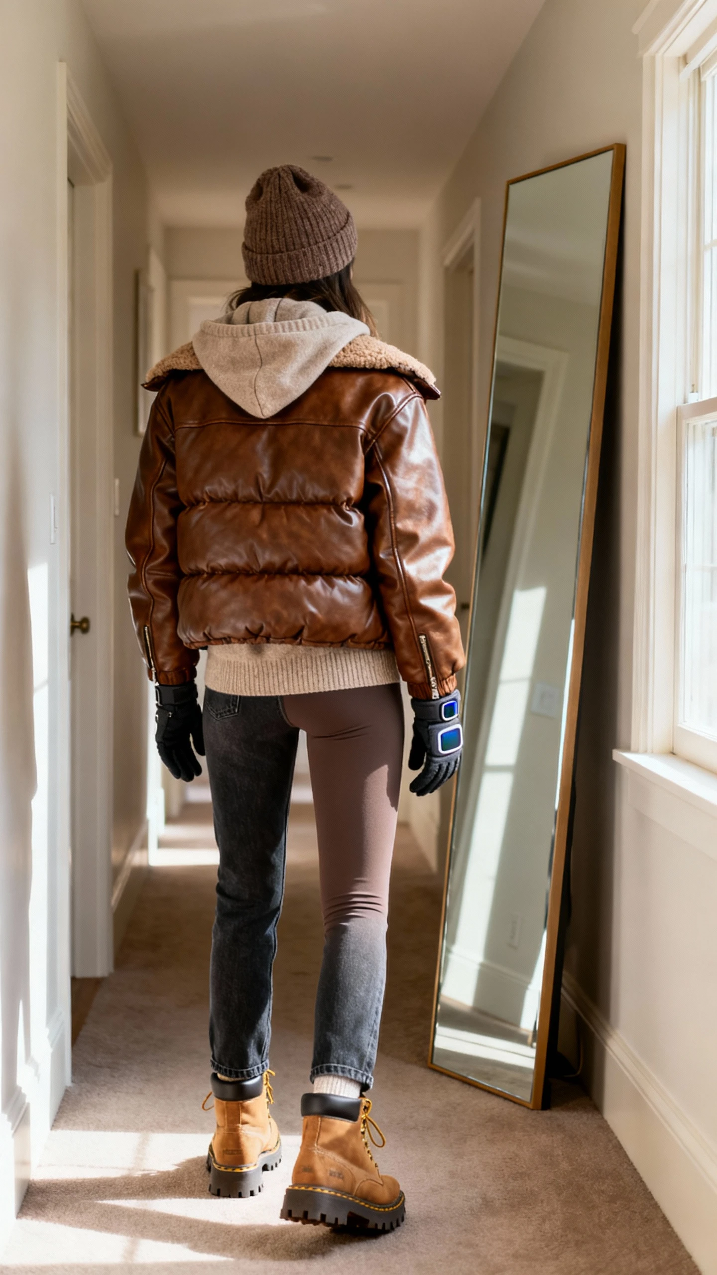 iPhone back view of a woman wearing a brown leather jacket with a detachable puffer liner, a cashmere hoodie, thermal leggings under straight-leg jeans, lug-sole boots, knit beanie, and tech gloves, face not visible, hallway full-length mirror, morning window light, iPhone photo quality.