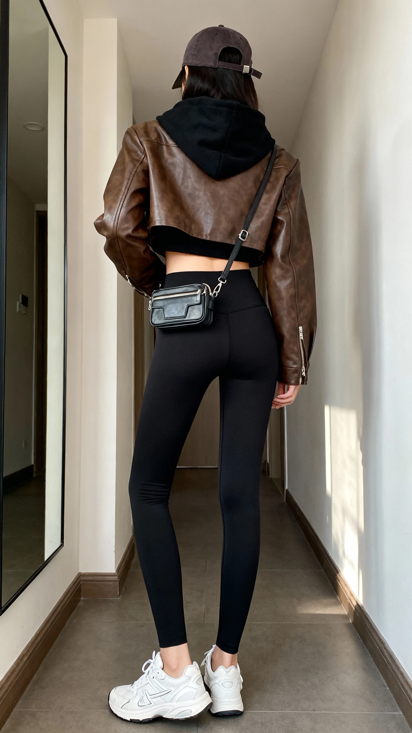 iPhone back view of a woman wearing a brown leather jacket with a black cropped hoodie, high-waist black leggings, sleek white sneakers, baseball cap, mini belt bag worn crossbody, face not visible, hallway mirror, natural daylight, casual iPhone photo