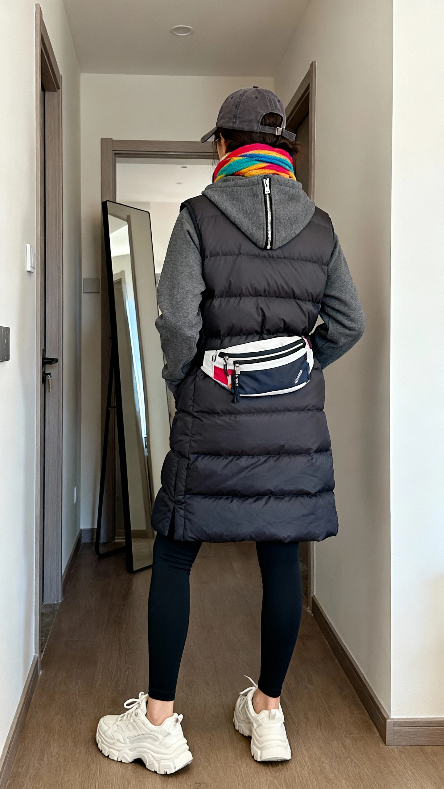iPhone back view of a woman wearing a charcoal zip-up hoodie layered under a longline puffer vest, black leggings, chunky white sneakers, a colorful scarf looped like a snood, baseball cap, and a sporty belt bag, face not visible, hallway full-length mirror, natural daylight, iPhone photo quality.