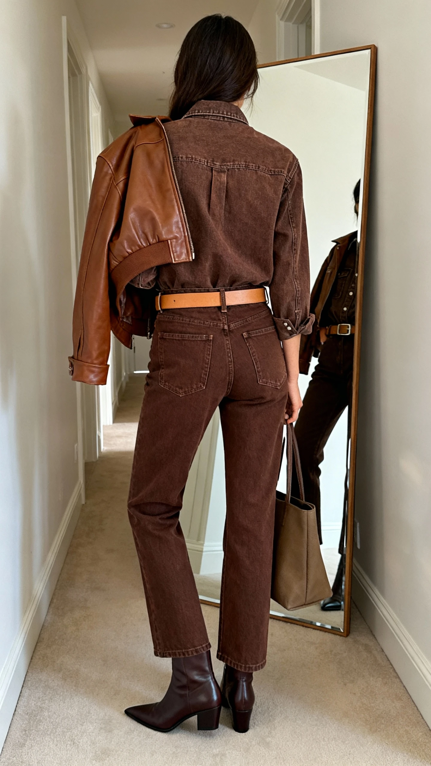 iPhone back view of a woman wearing a chocolate denim shirt tucked into matching chocolate straight-leg jeans with a brown leather jacket layered over shoulders, tan belt, pointed-toe ankle boots in dark brown, and a simple tote, face not visible, hallway full-length mirror, indoor daylight, iPhone photo quality.