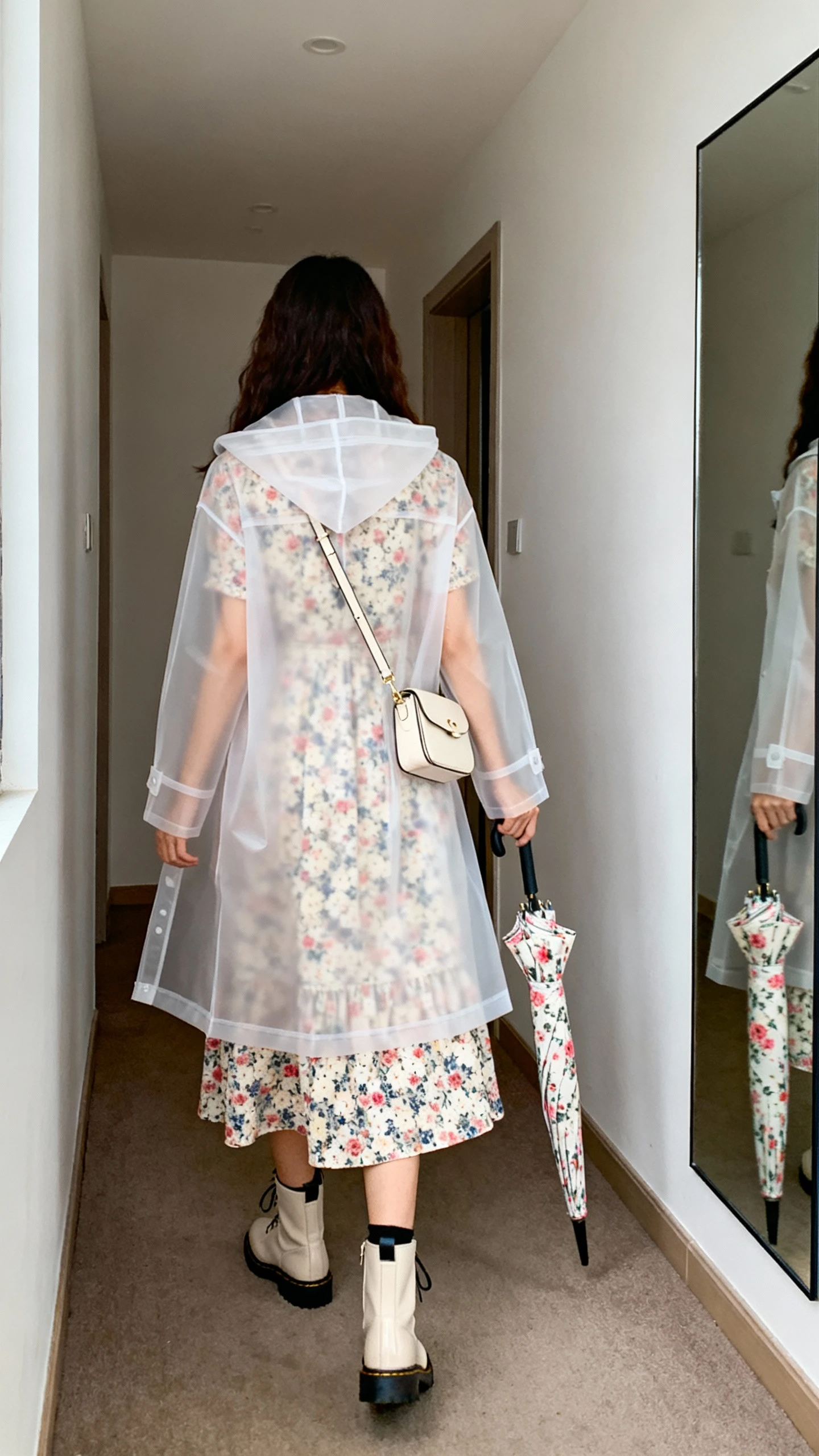 iPhone back view of a woman wearing a floral midi dress under a transparent raincoat, waterproof ankle boots, compact floral-print umbrella, small shoulder bag, face not visible, hallway full-length mirror, natural daylight, iPhone photo quality.