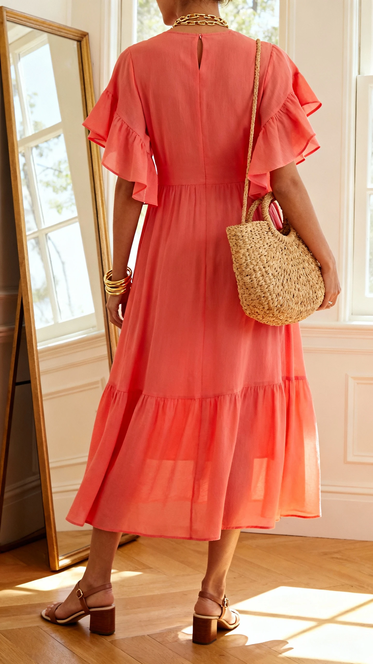 iPhone back view of a woman wearing a flowing coral midi dress with flutter sleeves, low block-heel sandals, woven straw bag, layered gold necklace and bangles, face not visible, golden indoor window light by a full-length mirror, casual iPhone photo