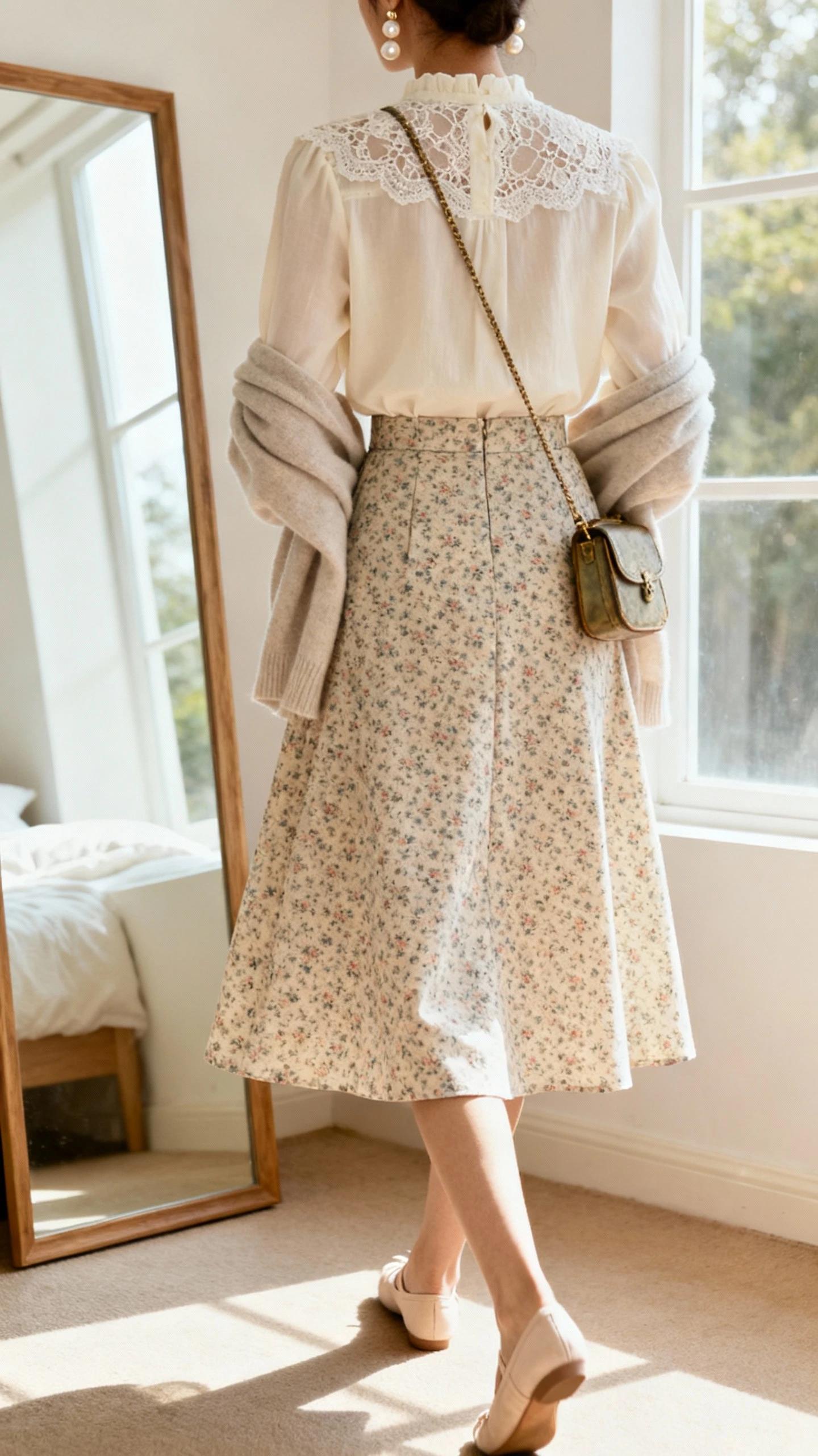 iPhone back view of a woman wearing a lace-trimmed ivory blouse tucked into a high-waisted A-line midi skirt with tiny floral print, soft cardigan draped over shoulders, ballet flats, pearl earrings, and a vintage-inspired crossbody, face not visible, walking pose by a full-length mirror in a sunlit bedroom, natural window light, iPhone photo quality.