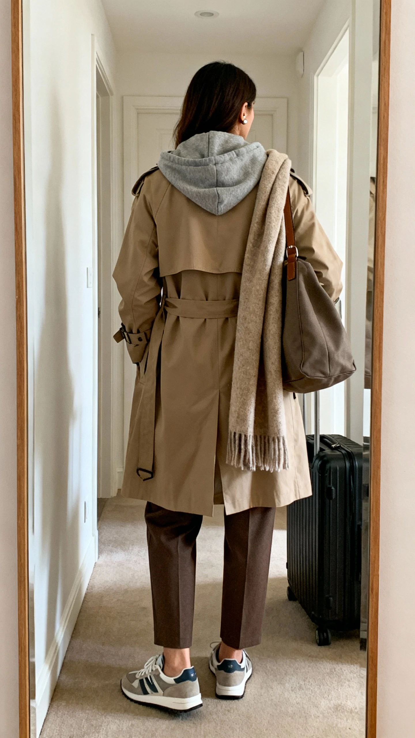 iPhone back view of a woman wearing a layered look: roomy hoodie under a classic trench coat, tailored pull-on trousers, low-profile sneakers, large scarf looped over the strap of a carry-on tote, and simple studs, face not visible, hallway full-length mirror, indoor daylight, iPhone photo quality.