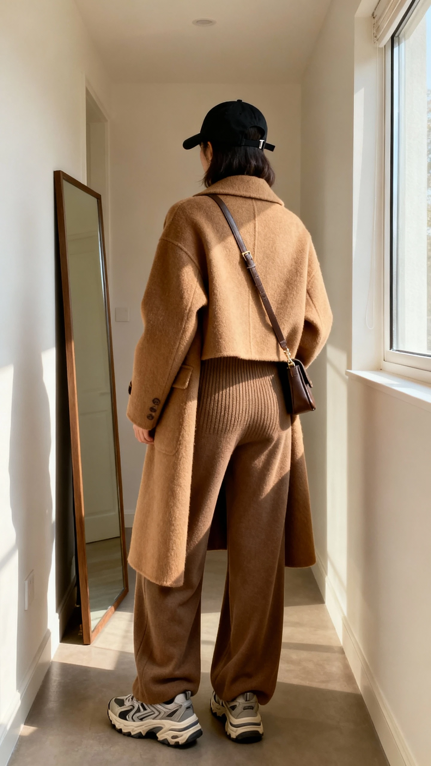 iPhone back view of a woman wearing a luxe camel wool coat over a fitted knit, wide-leg trousers pooling over chunky sneakers, a black sporty ball cap, and a crossbody bag, face not visible, hallway full-length mirror, morning window light, iPhone photo quality.