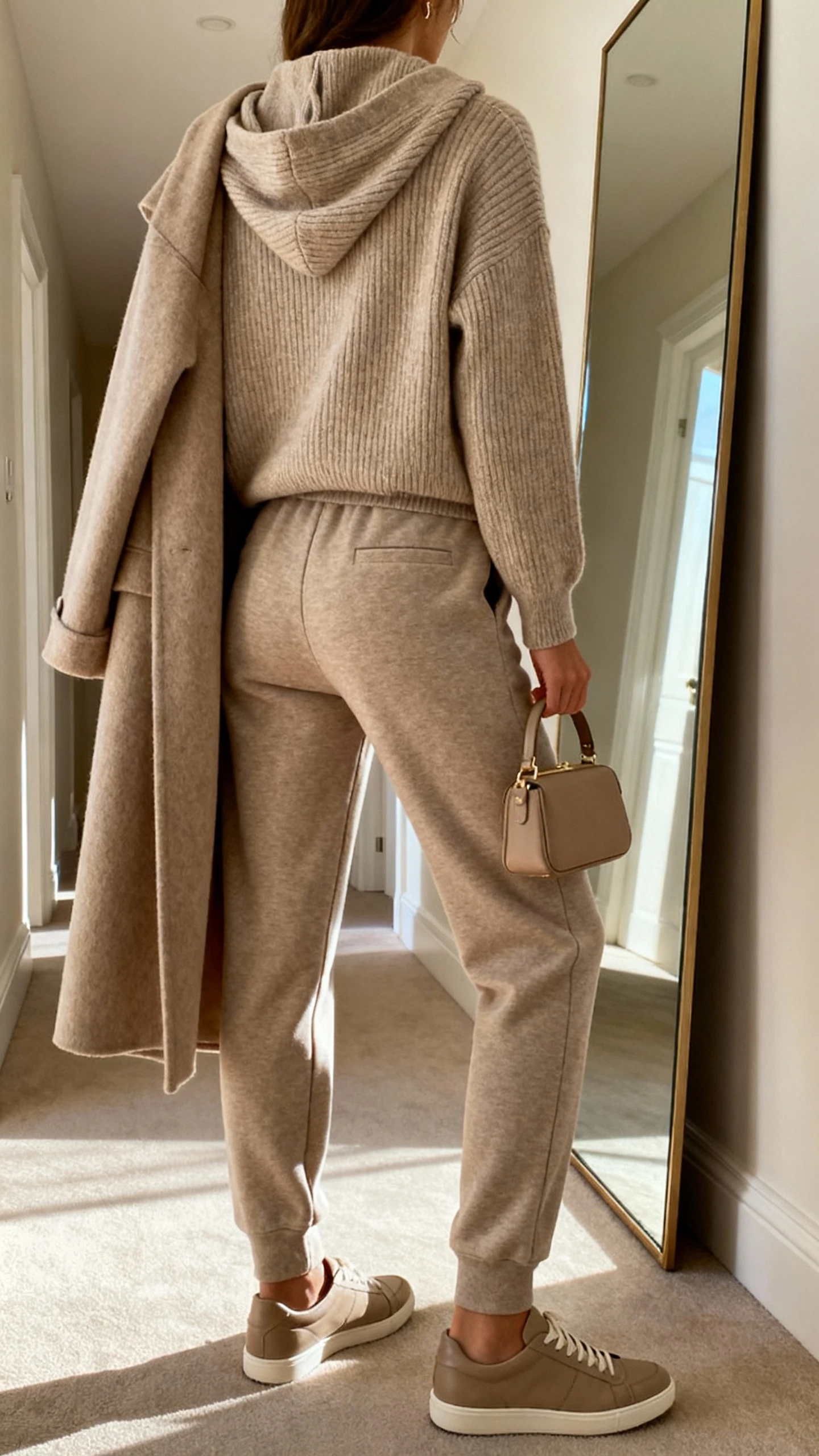 iPhone back view of a woman wearing a monochrome luxe jogger set: tailored joggers with a matching knit hoodie, tonal long wool coat over shoulders, minimalist leather sneakers, small top-handle bag, face not visible, hallway full-length mirror, soft afternoon light, iPhone photo quality.