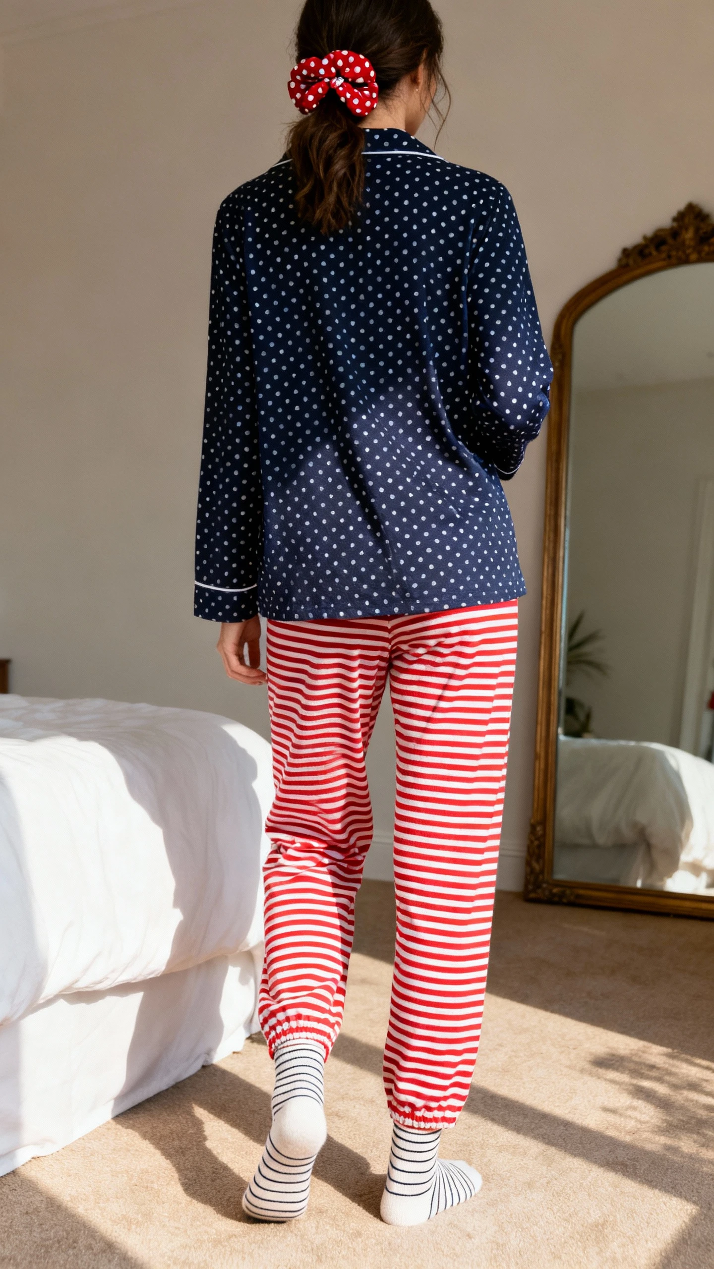 iPhone back view of a woman wearing a playful coordinated mix: navy polka-dot pajama top paired with red-and-white striped pajama pants, matching polka-dot scrunchie, thin striped socks; face not visible, back turned, bedroom mirror, natural afternoon light, iPhone photo quality.