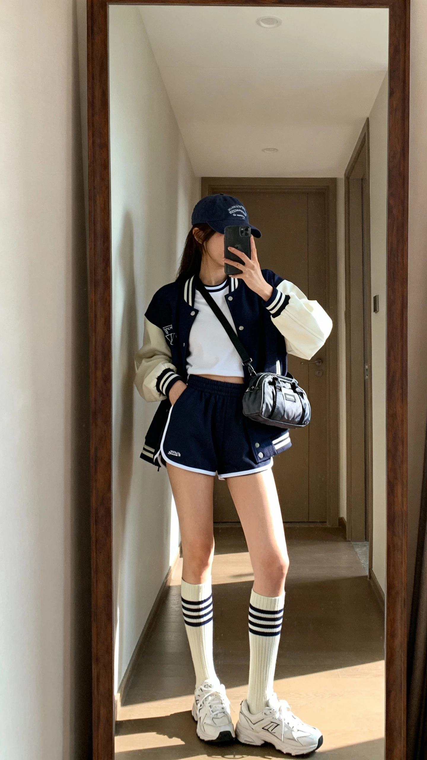 iPhone back view of a woman wearing a retro sporty look: vintage varsity jacket over a white ringer tee, high-waist track shorts with contrast trim, tall striped tube socks, white retro sneakers, a baseball cap, and a mini nylon duffle crossbody, face not visible, hallway mirror, afternoon indoor light, iPhone photo quality.
