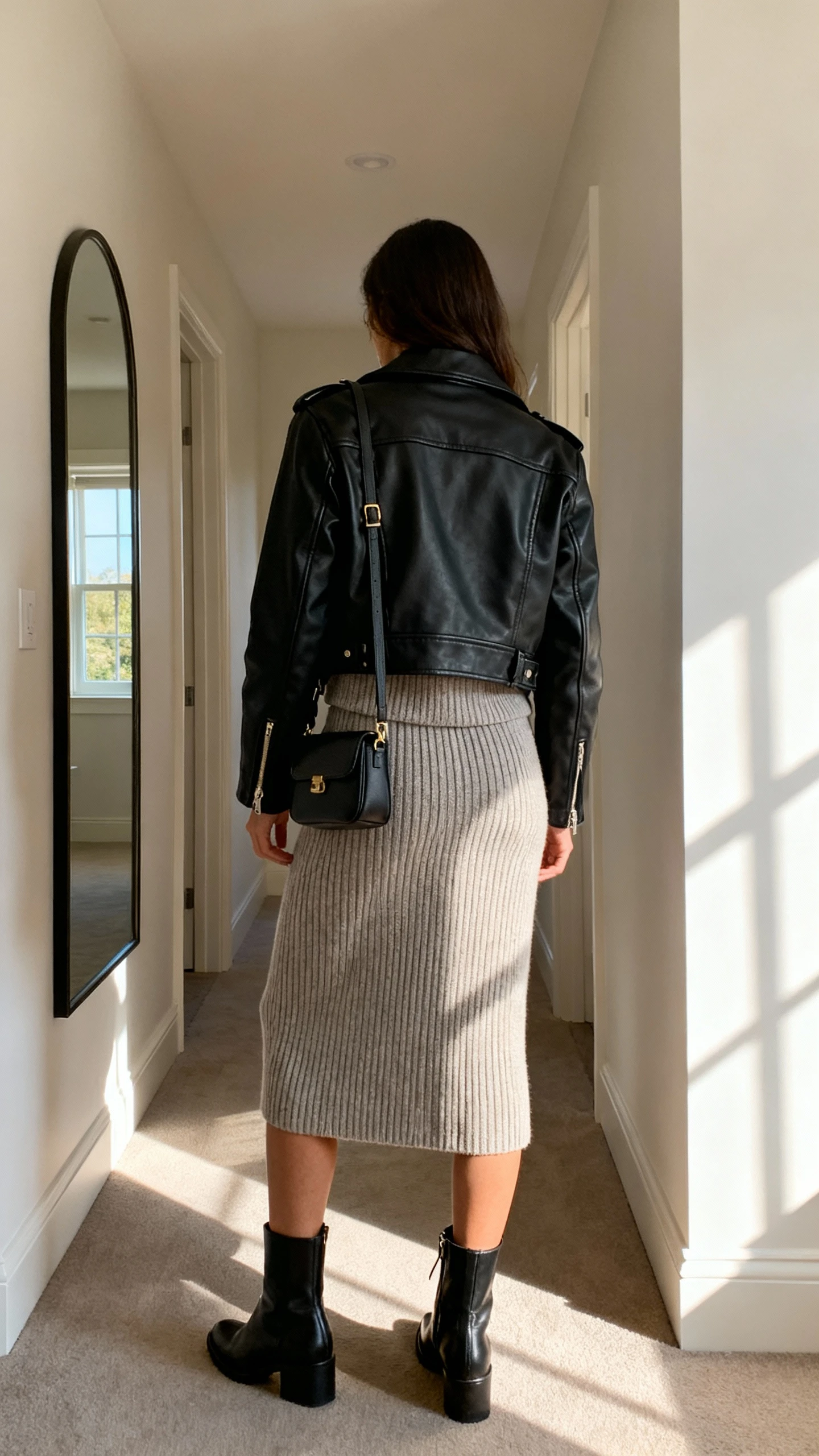 iPhone back view of a woman wearing a ribbed knit set (matching top and skirt) under a black moto jacket, ankle boots, and small crossbody bag, face not visible, hallway mirror, morning light from window, iPhone photo quality.