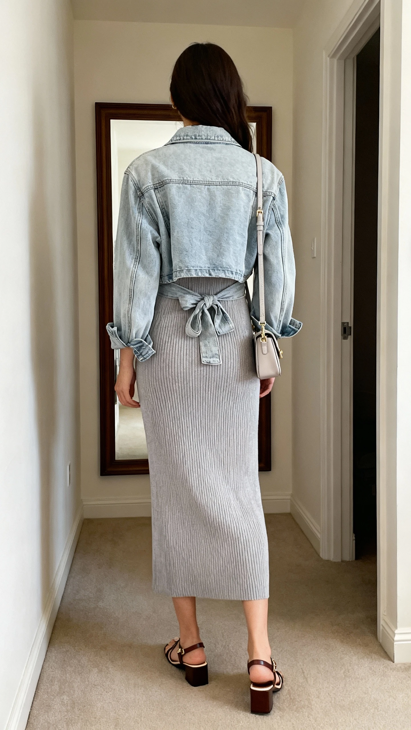 iPhone back view of a woman wearing a ribbed knit midi dress with a light denim jacket tied at the waist, low block-heel sandals, and a small shoulder bag, face not visible, hallway mirror, soft indoor lighting, iPhone photo quality.