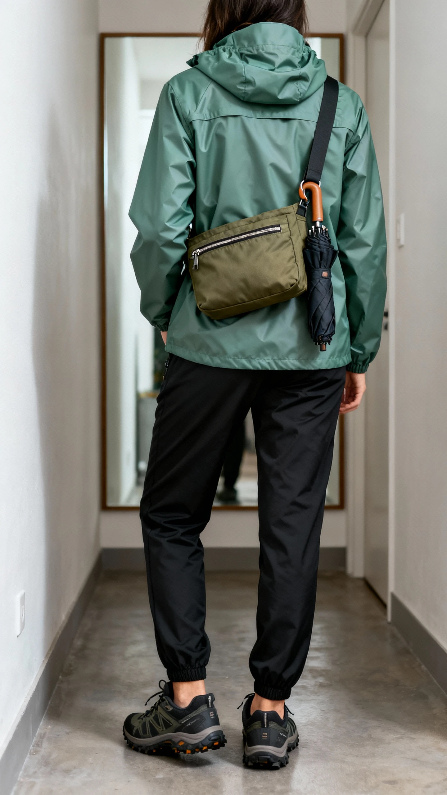 iPhone back view of a woman wearing a sage green waterproof rain jacket with hood up, black quick-dry joggers, waterproof trail sneakers, a durable olive nylon crossbody with waterproof zippers worn under the jacket flap, and a compact travel umbrella clipped to the strap, face not visible, hallway mirror, overcast natural light, iPhone photo quality