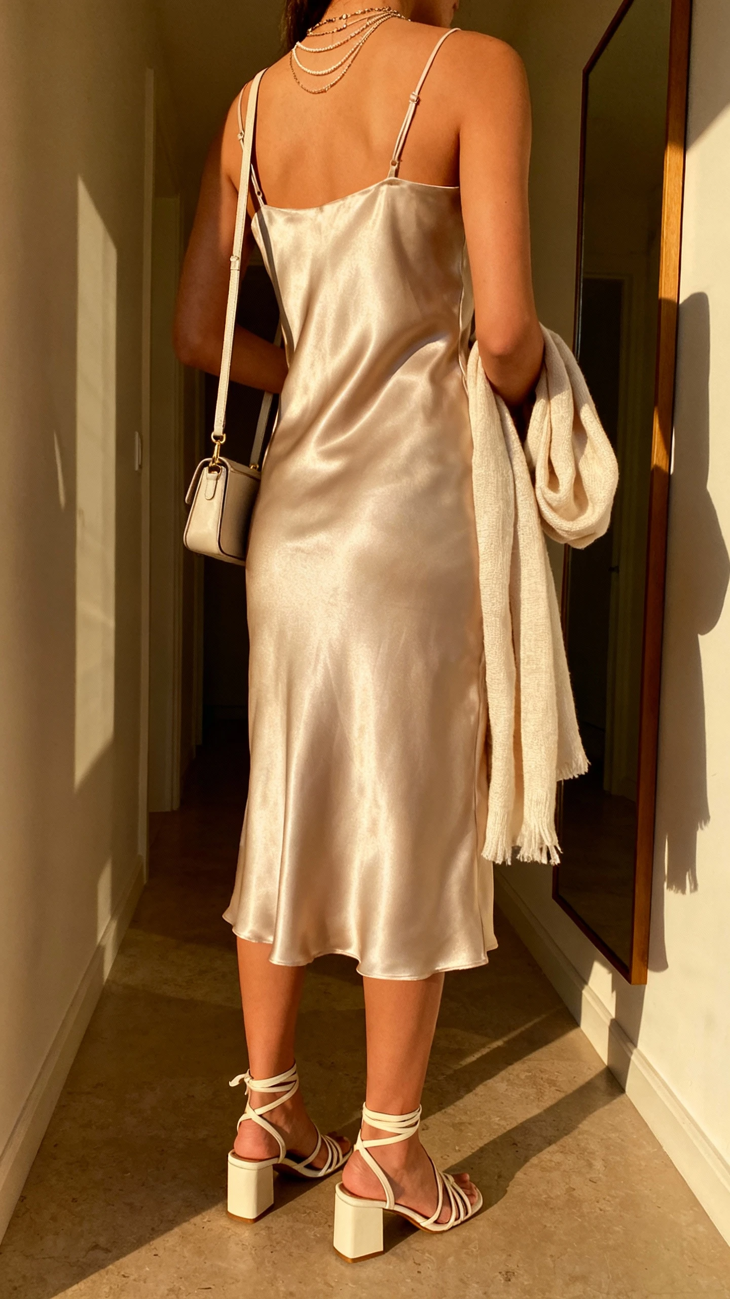 iPhone back view of a woman wearing a satin slip dress with strappy block-heel sandals, a small shoulder bag, delicate layered necklace, and a light shawl over one arm, face not visible, hallway mirror at golden-hour indoor lighting, iPhone photo quality