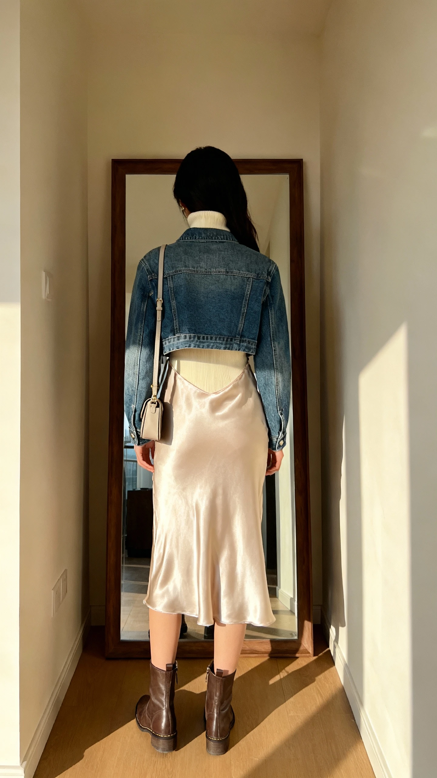 iPhone back view of a woman wearing a satin slip dress layered over a fitted cream turtleneck with a cropped denim jacket, ankle boots, and a small shoulder bag, face not visible, hallway full-length mirror, indoor afternoon light, iPhone photo quality.