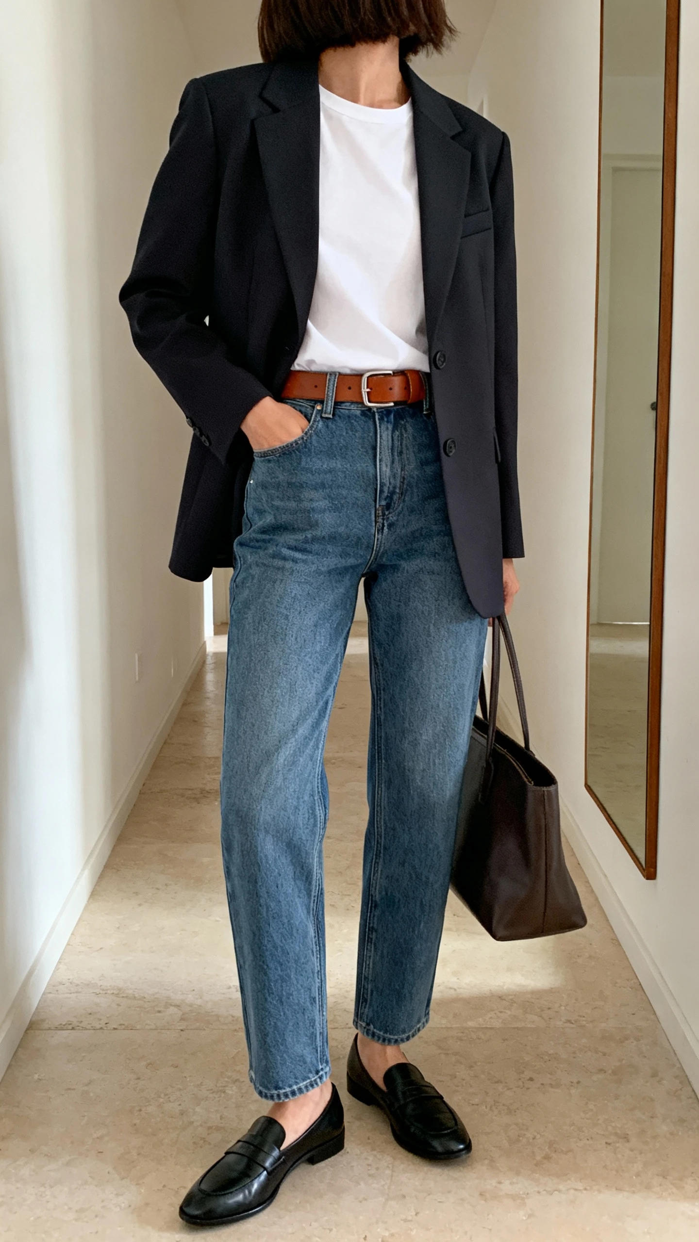 iPhone back view of a woman wearing a sharp tailored blazer over a simple white tee with relaxed straight-leg denim, brown leather belt, black loafers, and a structured tote, face not visible, hallway mirror, indoor daylight, iPhone photo quality.