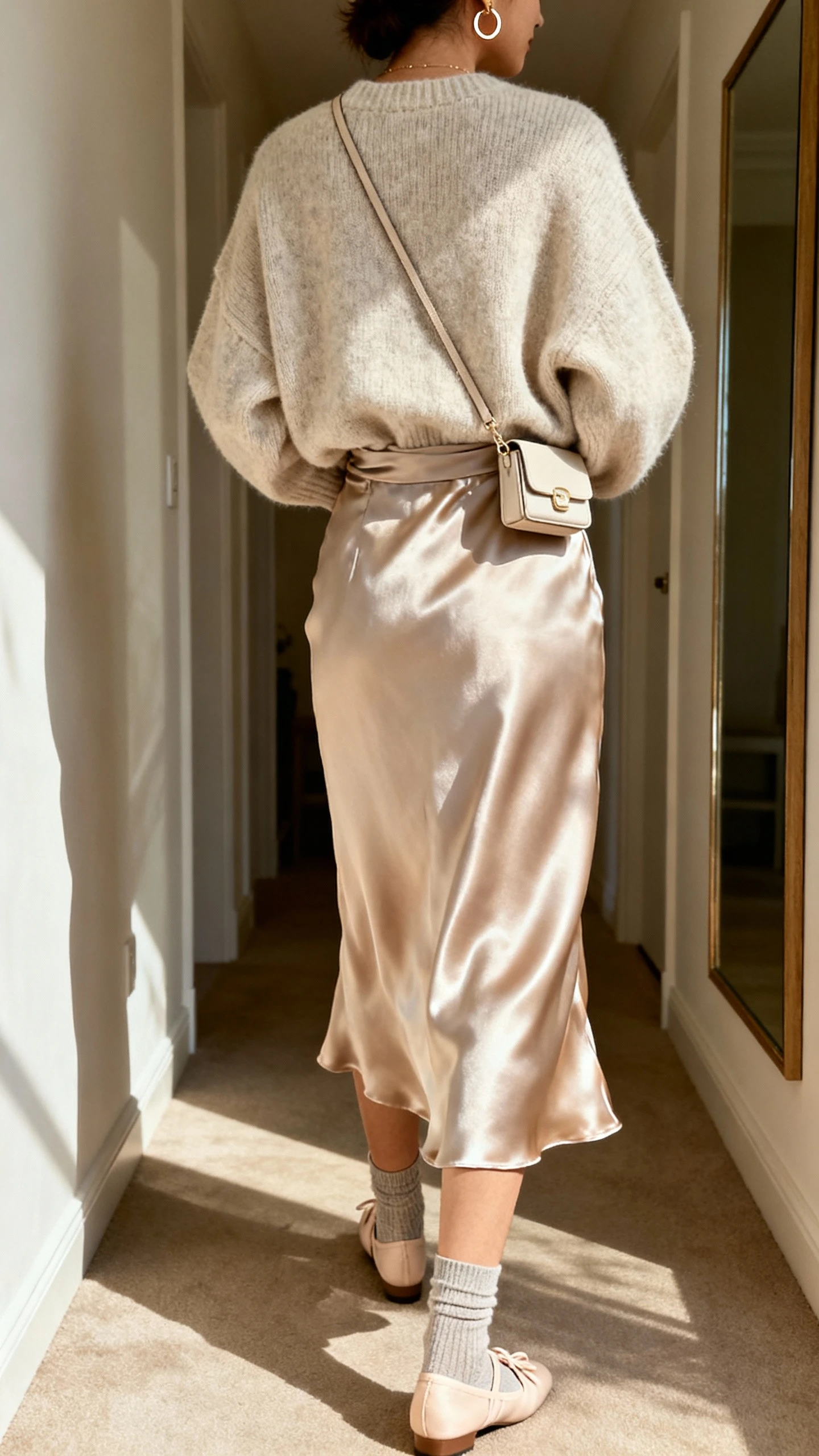 iPhone back view of a woman wearing a soft oversized sweater tucked into a satin slip skirt, ankle socks with ballet flats, dainty hoop earrings, and a tiny crossbody bag, face not visible, hallway mirror, natural afternoon light, iPhone photo quality.