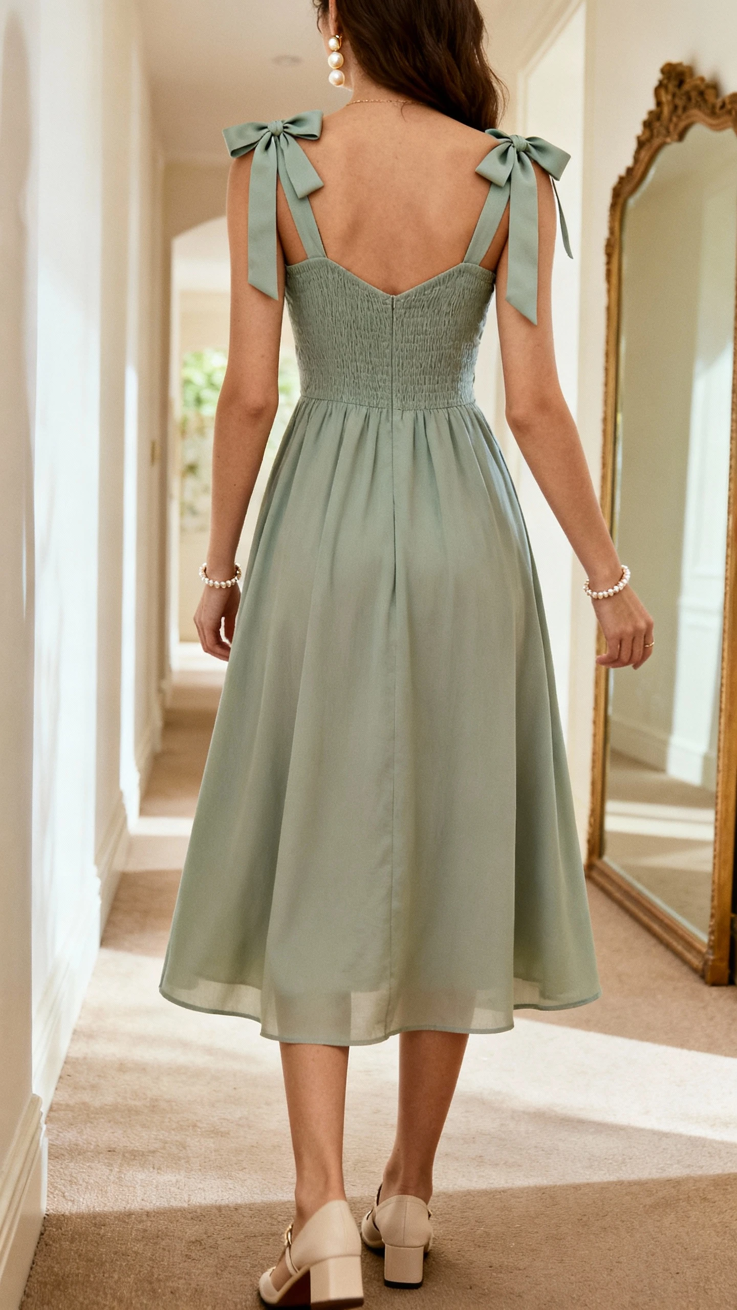 iPhone back view of a woman wearing a soft romantic midi dress with bow-tie straps and a sweetheart neckline, pearl earrings, dainty bracelet, and low block heels, face not visible, hallway mirror with natural daylight, iPhone photo quality.