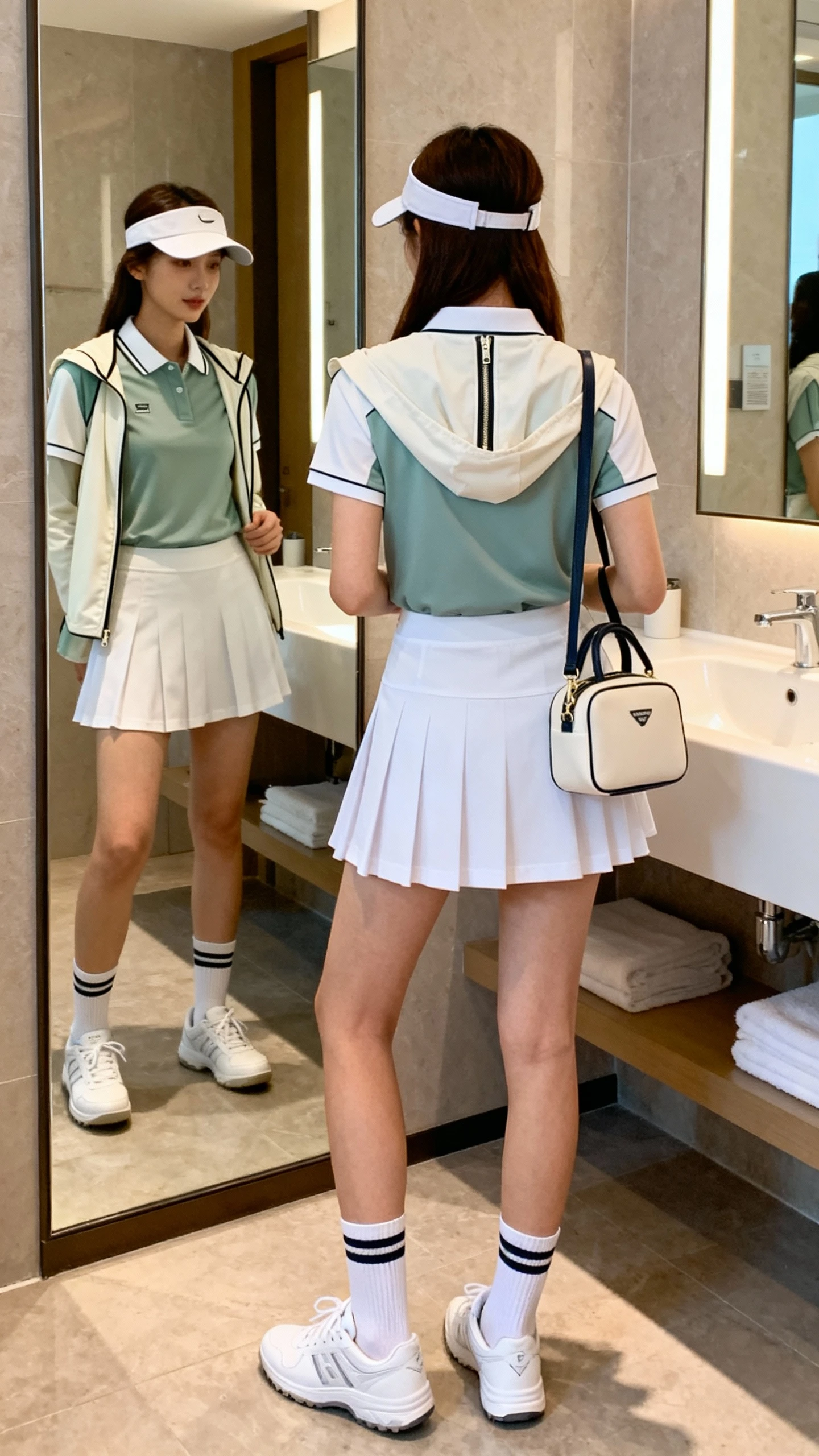 iPhone back view of a woman wearing a tennis-core matching skort and polo top, lightweight zip-up around shoulders, visor, crew socks, white court sneakers, sporty mini tote, face not visible, bathroom full-length mirror with soft indoor lighting, iPhone photo quality.