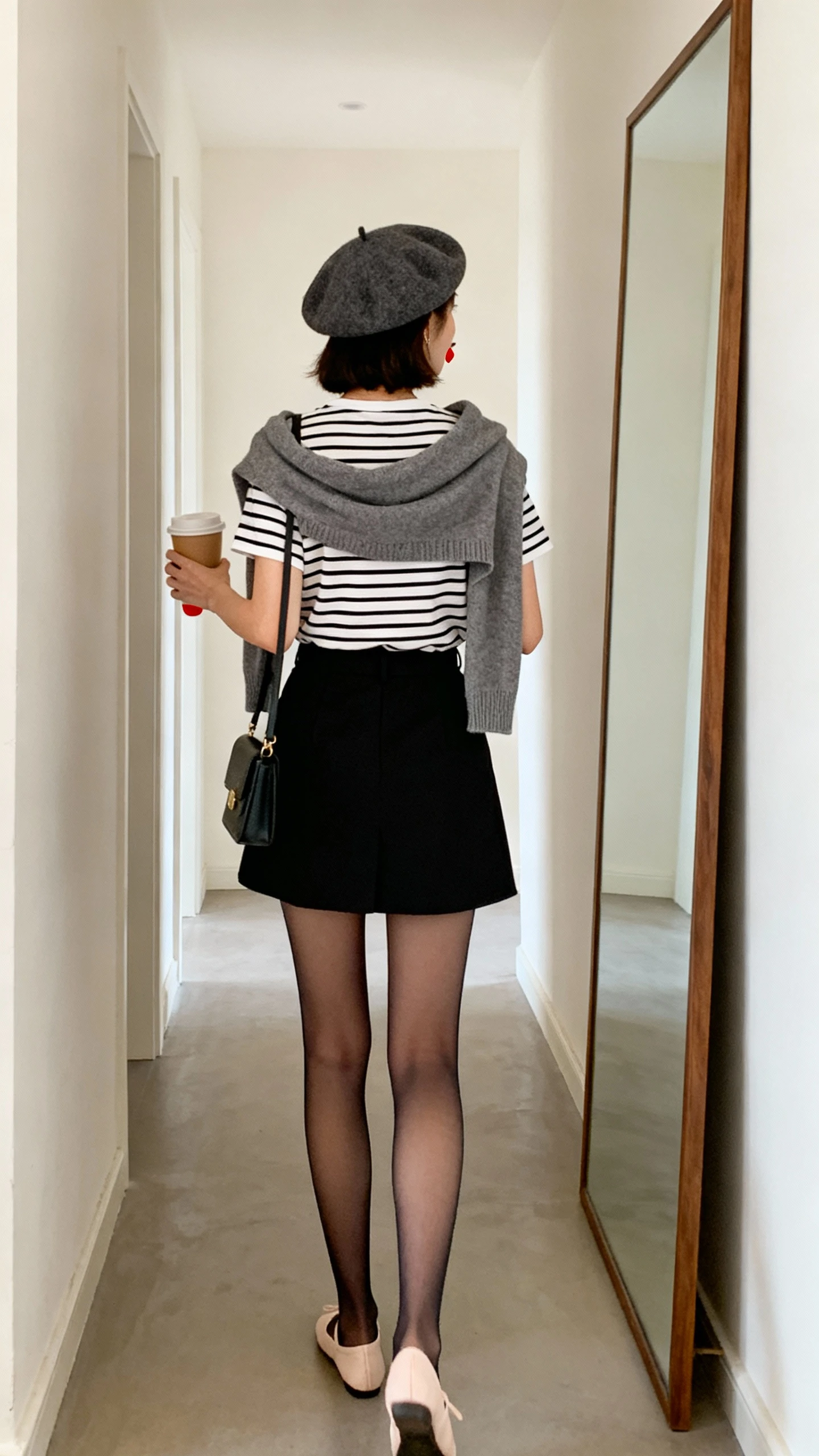 iPhone back view of a woman wearing a wool beret, striped Breton tee tucked into a black mini skirt, cropped cardigan draped over shoulders, sheer tights, ballet flats, red lip seen only on a coffee cup rim in hand, small shoulder bag, face not visible, hallway full-length mirror, soft daylight, iPhone photo quality.