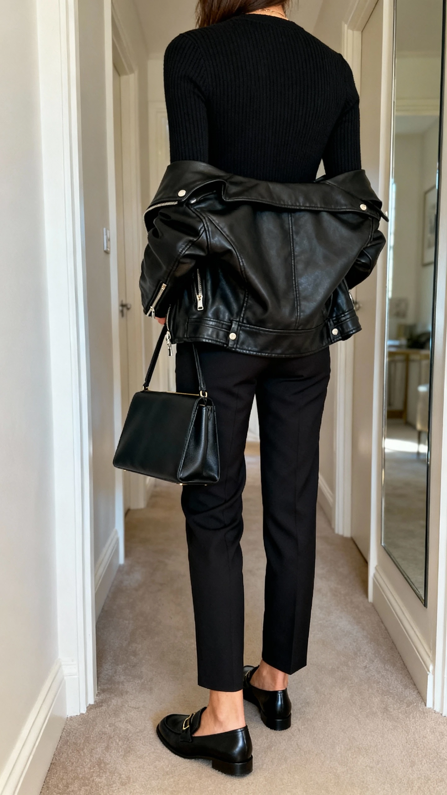 iPhone back view of a woman wearing an all-black monochrome look: fitted black knit top, tailored black trousers, black leather moto jacket draped over shoulders, sleek black loafers, and a structured black handbag, face not visible, hallway full-length mirror, indoor daylight, iPhone photo quality.