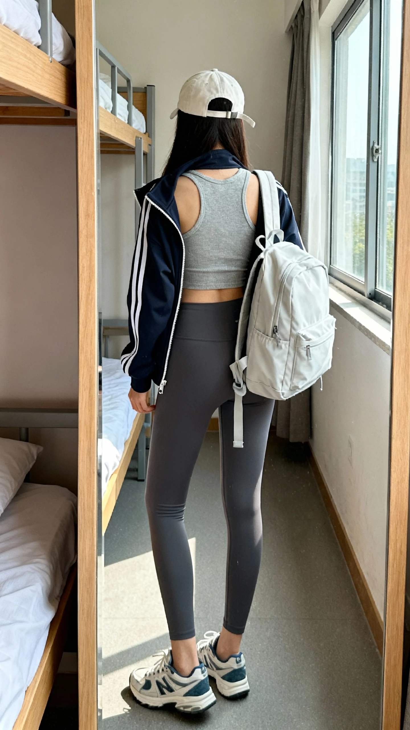 iPhone back view of a woman wearing an athleisure layered look: cropped tank, zip-up track jacket, high-waisted leggings, baseball cap, lightweight backpack, sporty trainers, face not visible, dorm room mirror, natural window light, iPhone photo quality