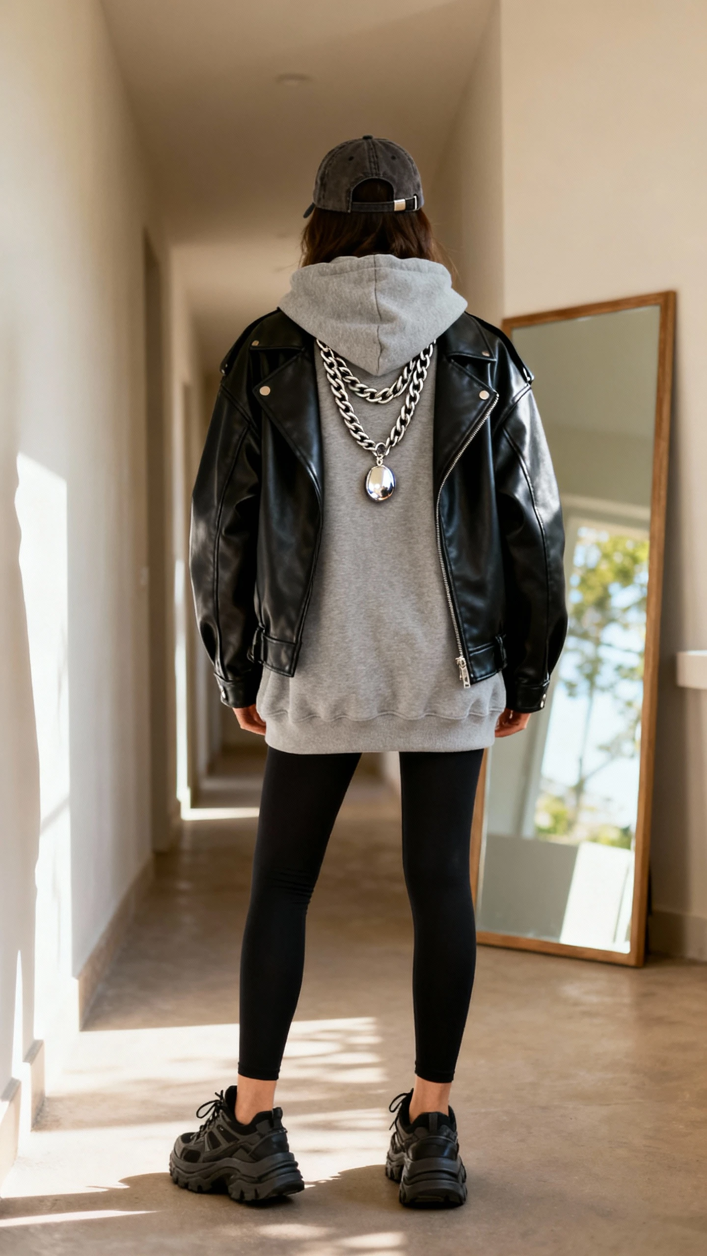 iPhone back view of a woman wearing an oversized gray hoodie under a black leather jacket, black leggings, chunky sneakers, a baseball cap, layered mixed-metal chains (rope chain + curb chain) with a single shiny pendant, face not visible, hallway mirror with natural daylight, iPhone photo quality.