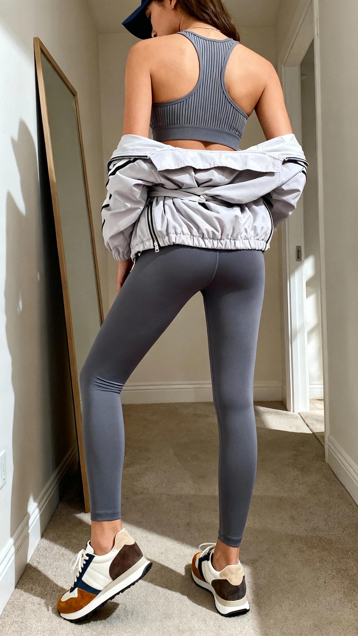iPhone back view of a woman wearing athleisure set: ribbed sports bra, high-waist leggings, lightweight zip-up track jacket tied at waist, retro running shoes with suede panels, baseball cap, face not visible, hallway mirror with natural daylight, iPhone photo quality.