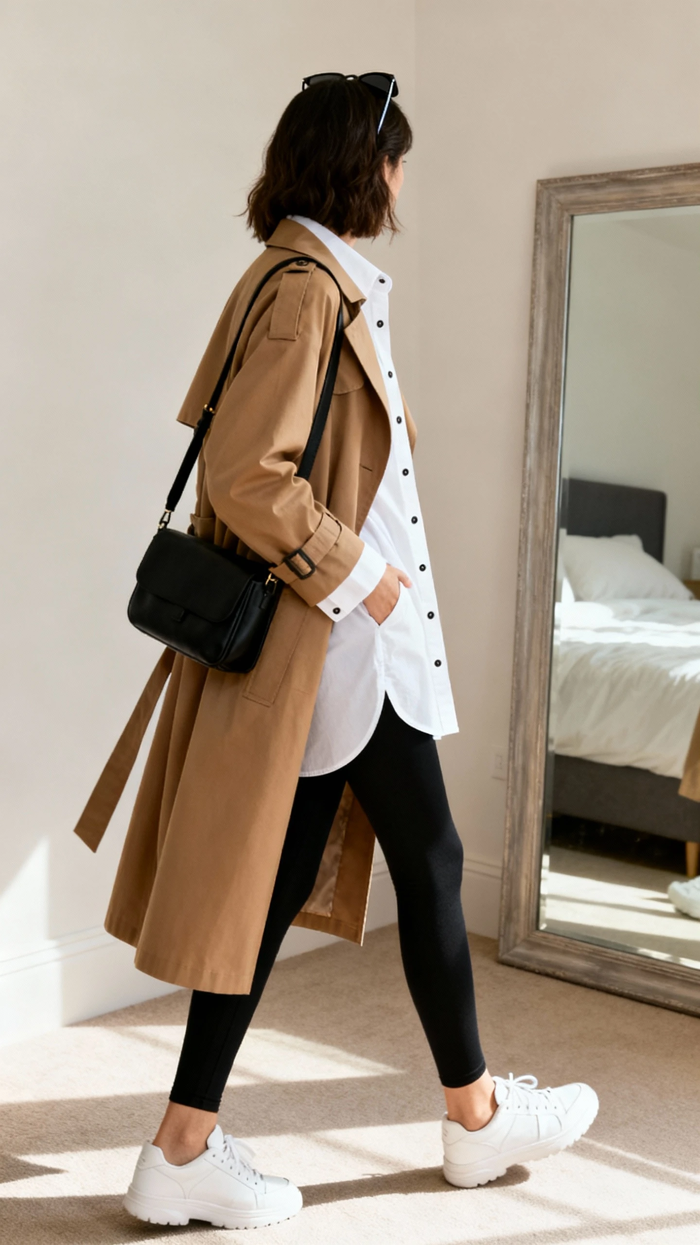 iPhone back view of a woman wearing black leggings, a long white button-down shirt layered with a camel trench coat, white sneakers, black shoulder bag, and sunglasses on head, face not visible, walking pose near bedroom mirror, natural daylight, iPhone photo quality.