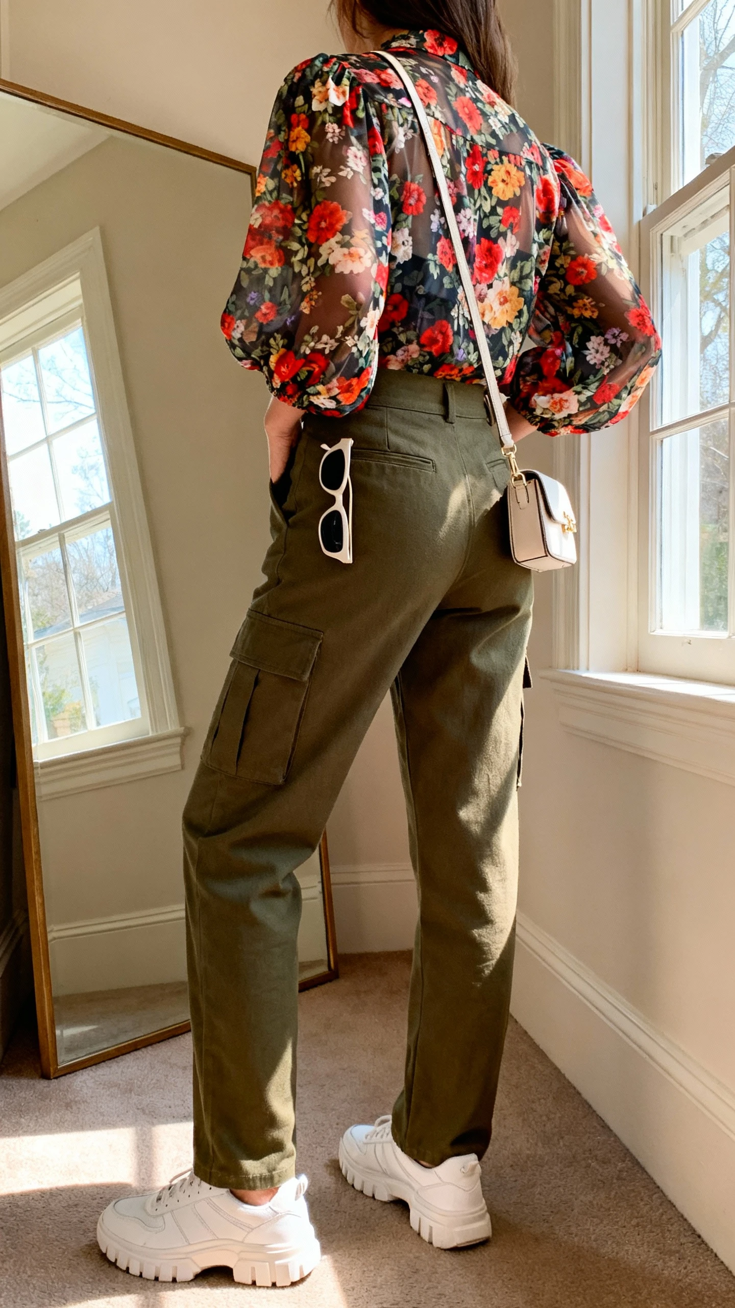 iPhone back view of a woman wearing high-waist olive cargo pants with a bold floral statement blouse (slightly sheer, balloon sleeves), white retro sneakers, mini crossbody bag, and slim sunglasses tucked in waistband; face not visible, hallway full-length mirror, afternoon window light, iPhone photo quality.