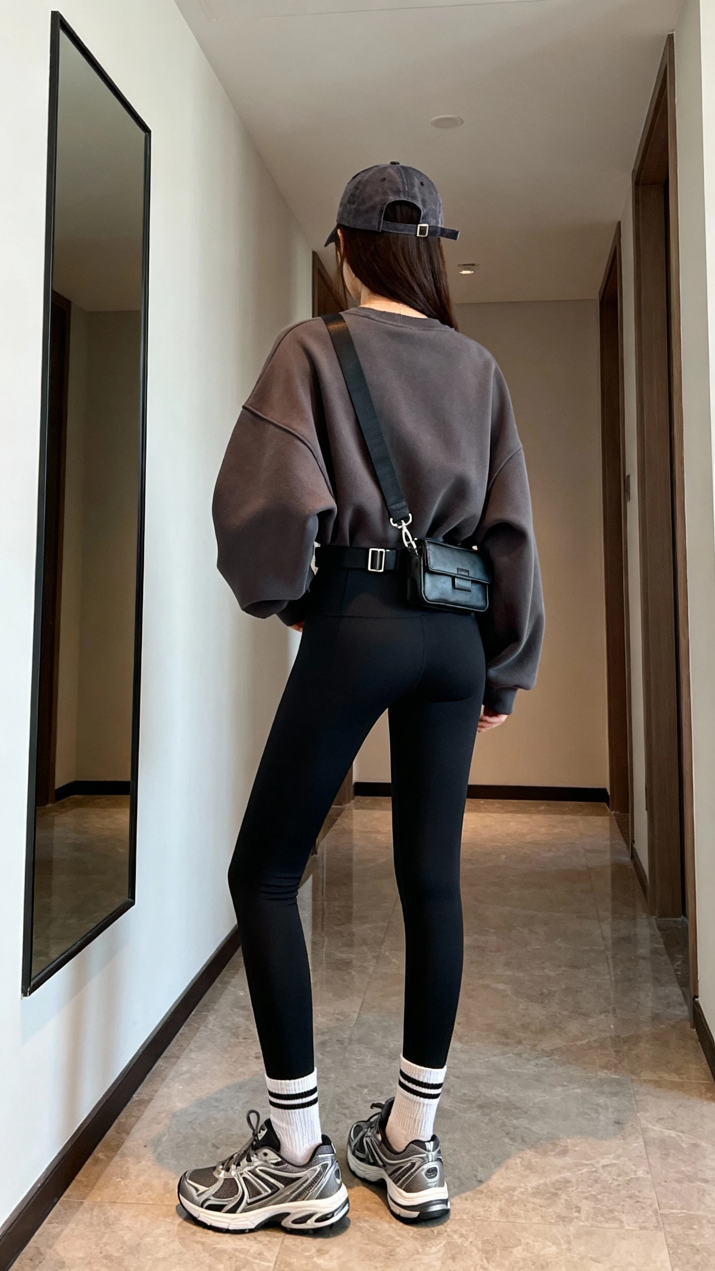 iPhone back view of a woman wearing high-waisted black leggings, a boxy oversized sweatshirt, sleek running sneakers, a baseball cap, crossbody belt bag, and ankle socks, face not visible, hallway mirror with natural daylight, iPhone photo quality.