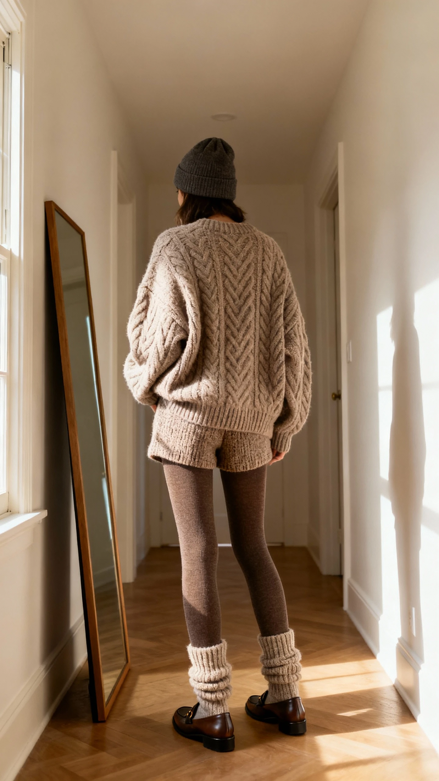 iPhone back view of a woman wearing knit sweater shorts, thick wool tights, oversized cable-knit sweater, chunky socks peeking out of loafers, and a beanie, face not visible, hallway full-length mirror, soft afternoon window light, casual iPhone photo.