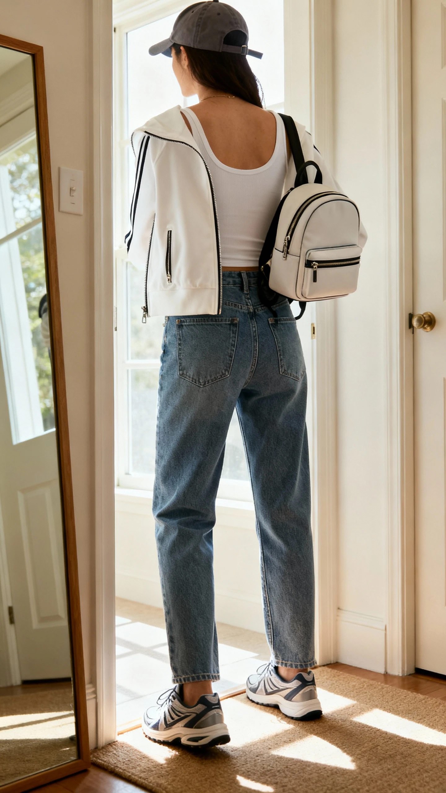 iPhone back view of a woman wearing mom jeans, a crisp white zip-front track jacket over a fitted tank, sleek running shoes, baseball cap, and a sporty mini backpack, face not visible, entryway mirror, bright morning window light, iPhone photo quality.