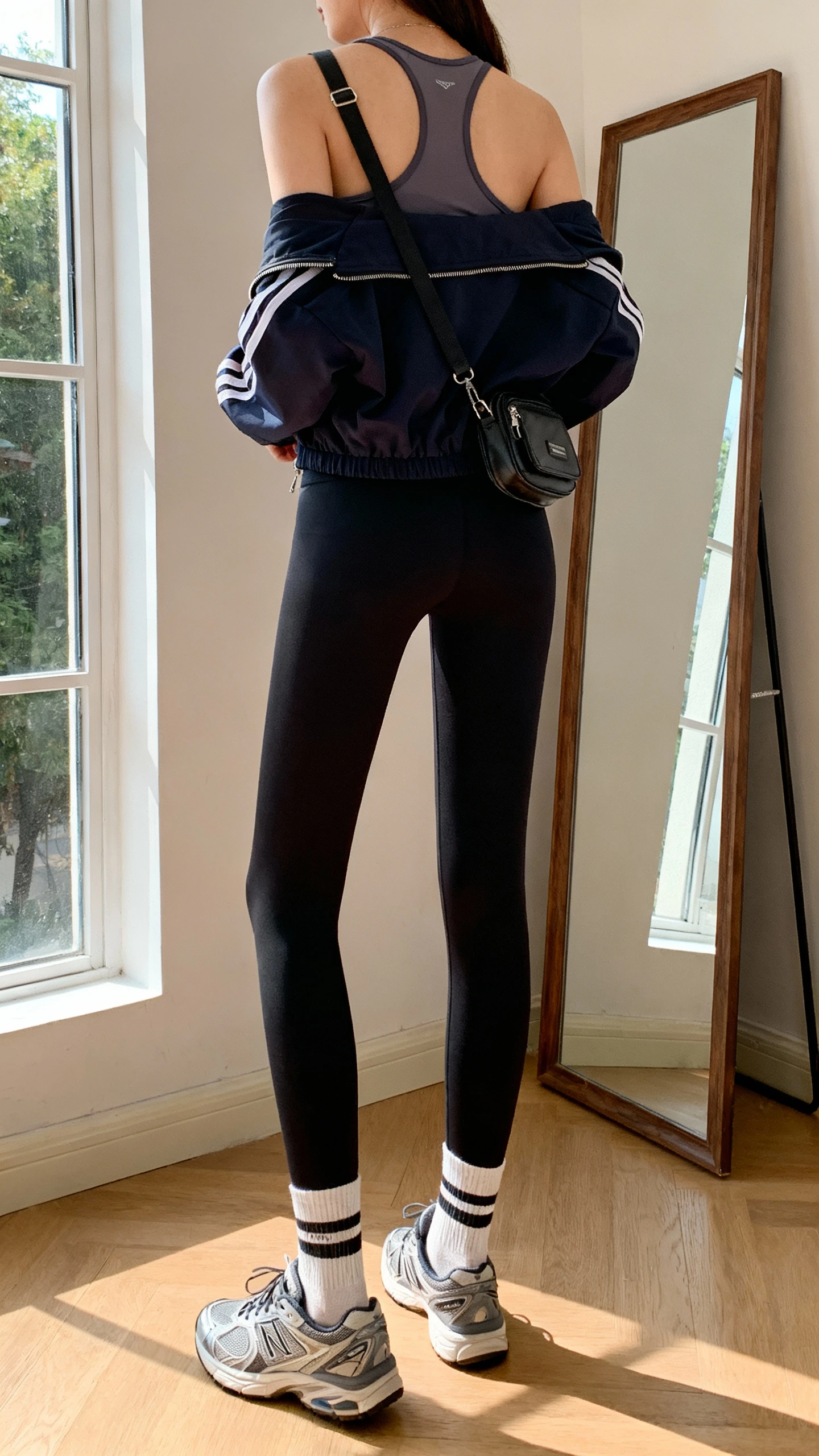 iPhone back view of a woman wearing opaque black leggings, a moisture-wicking tank, a zip-up track jacket, athletic socks, and running sneakers with a small crossbody, face not visible, full-length mirror, indoor daylight by window, iPhone photo quality.